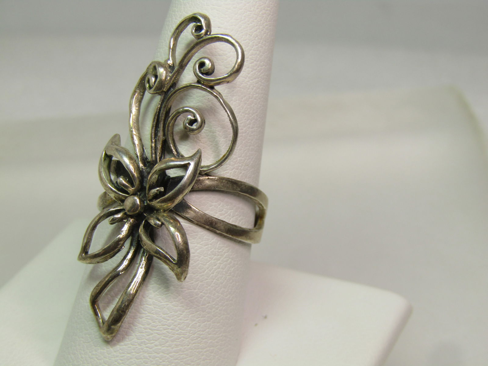 Vintage Sterling Long Floral Ring, Sz. 9.25. 1980's-1990's, Signed - 2