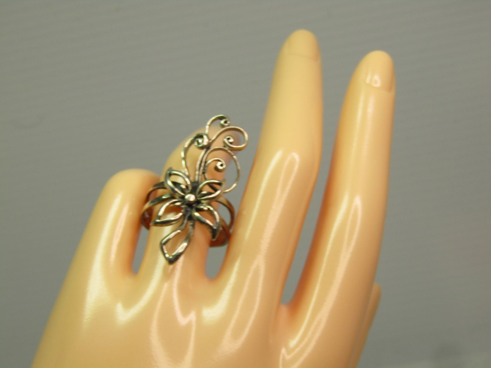 Vintage Sterling Long Floral Ring, Sz. 9.25. 1980's-1990's, Signed - 8