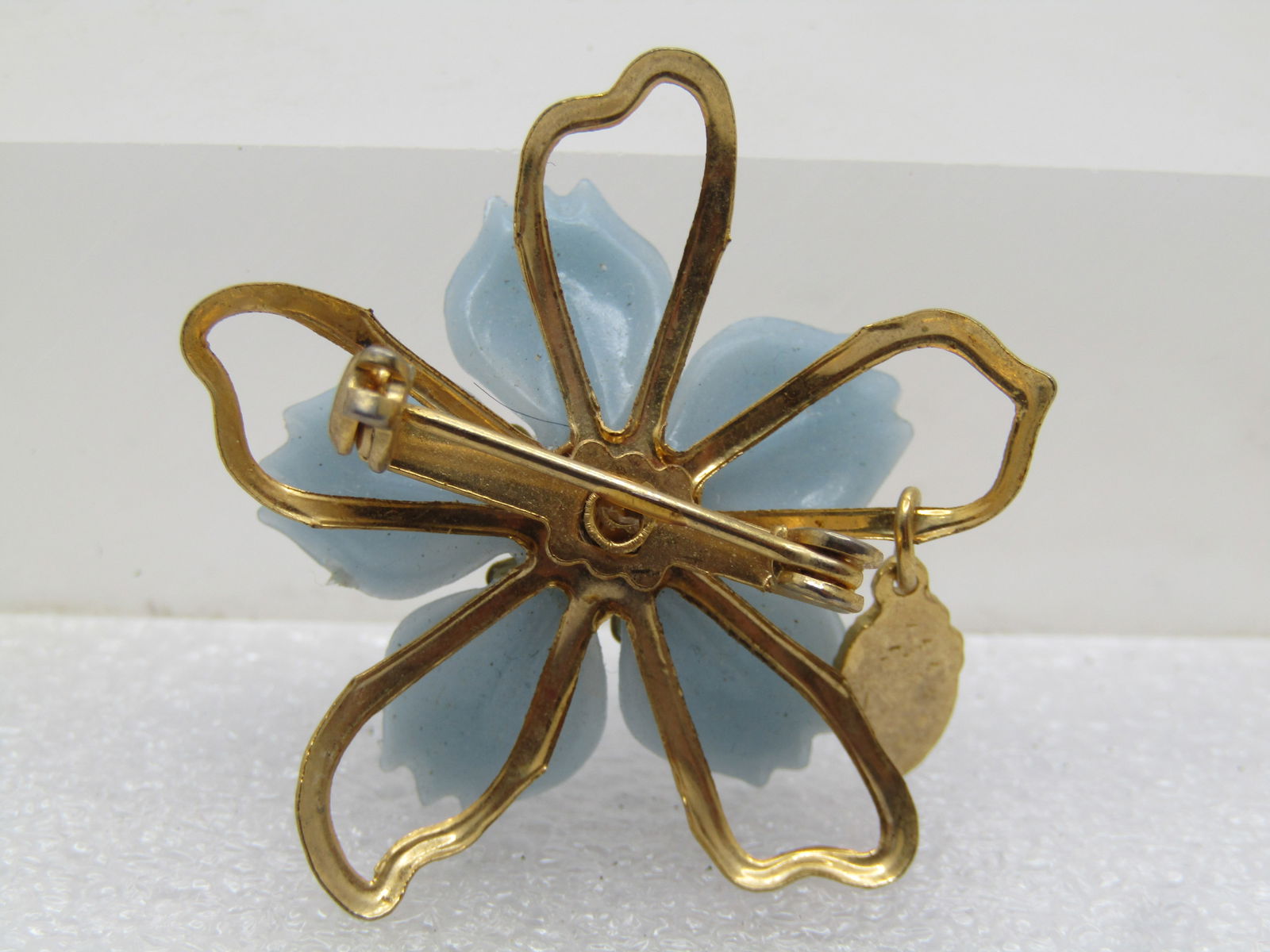 Vintage Blue Floral Brooch, Blessed Mother Charm Dangle, 1960's - 4