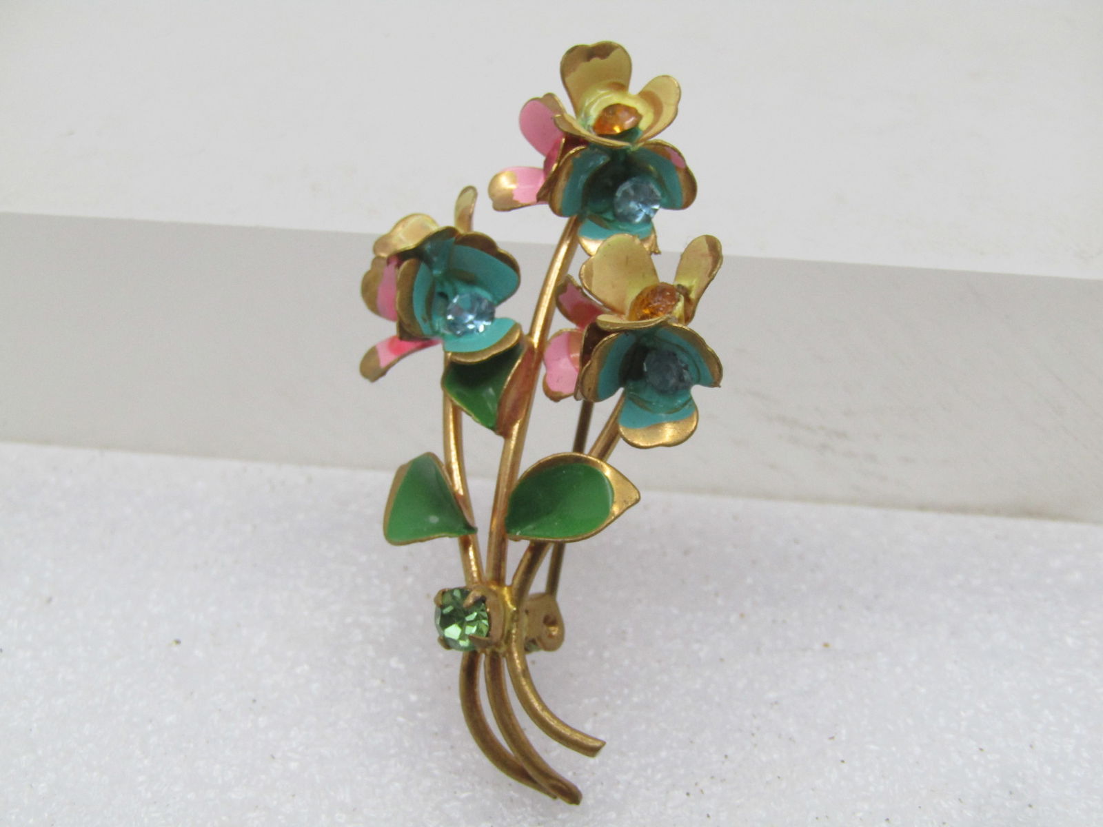Vintage Enameled Floral Stem Brooch, Rhinestones, 1940's-1950's - 2