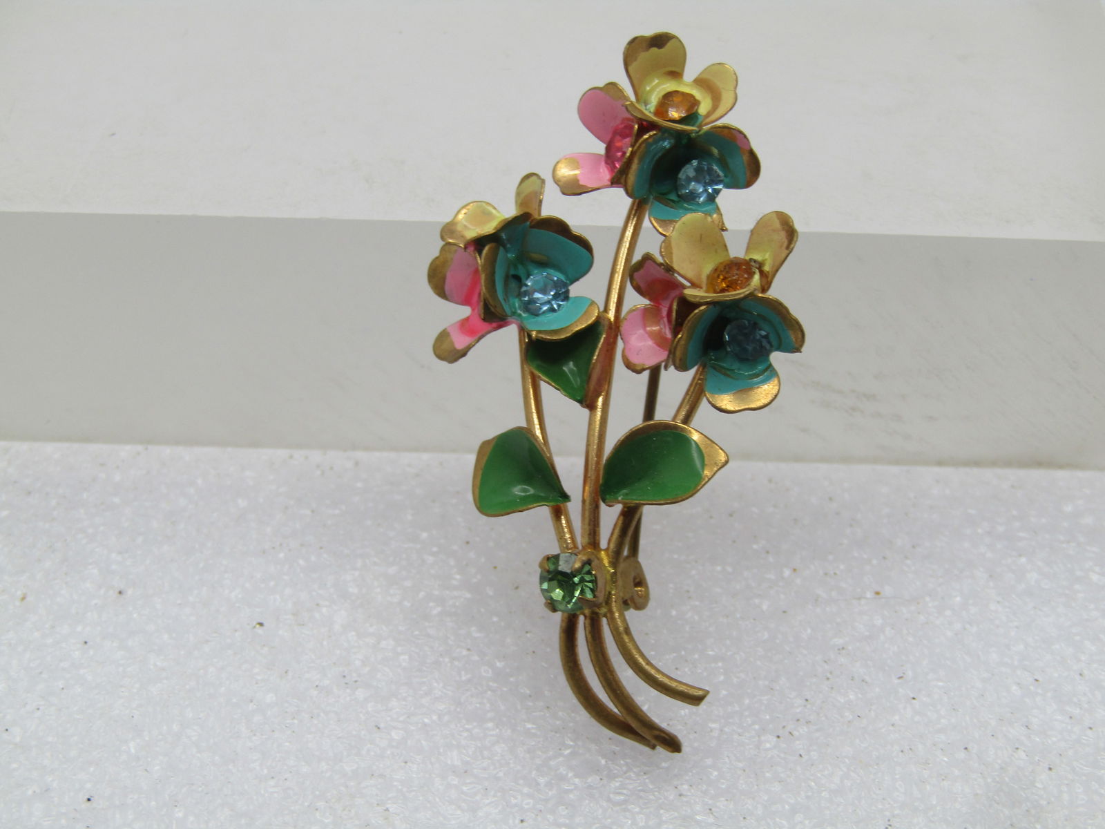 Vintage Enameled Floral Stem Brooch, Rhinestones, 1940's-1950's - 3