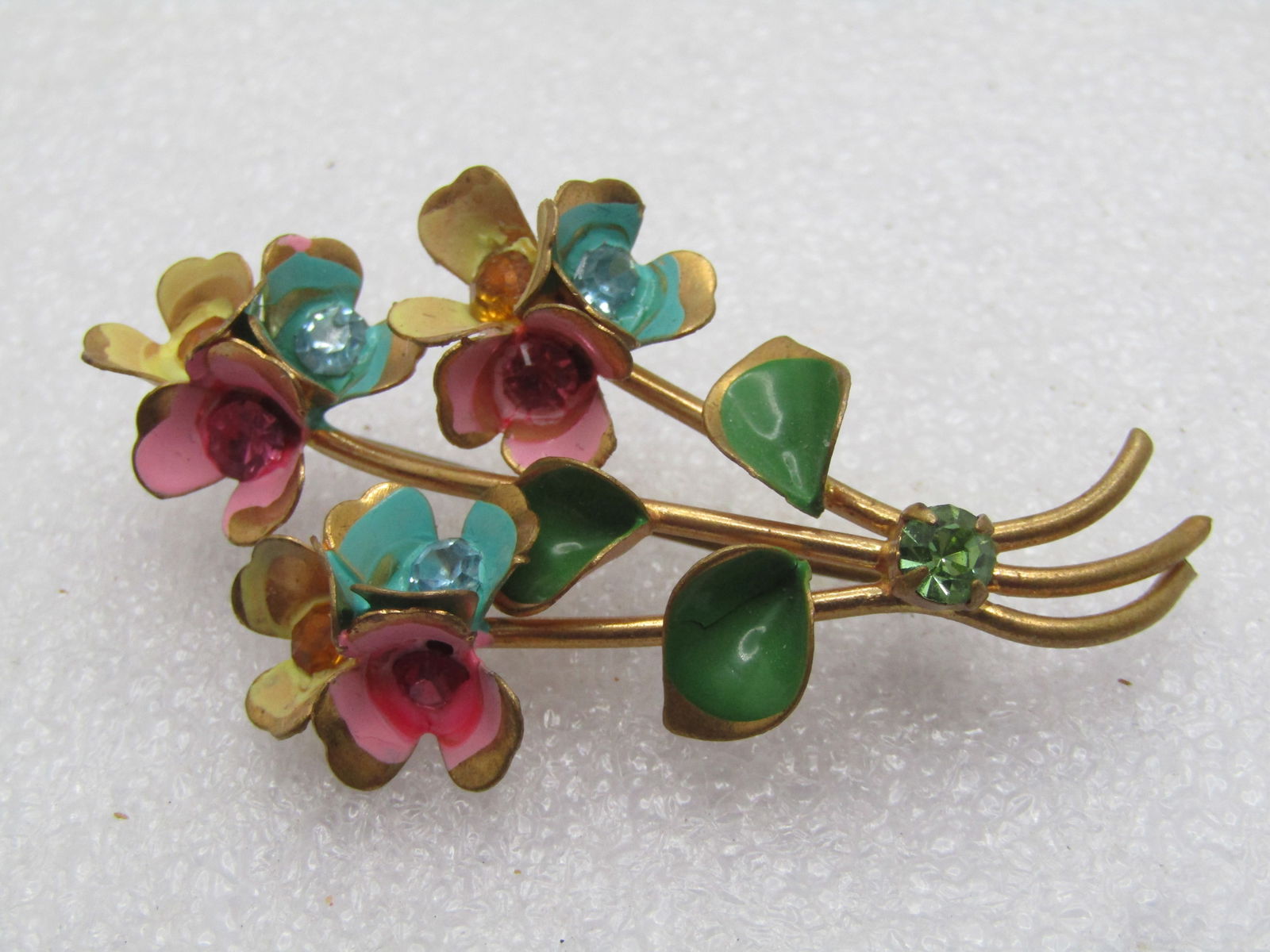 Vintage Enameled Floral Stem Brooch, Rhinestones, 1940's-1950's - 5