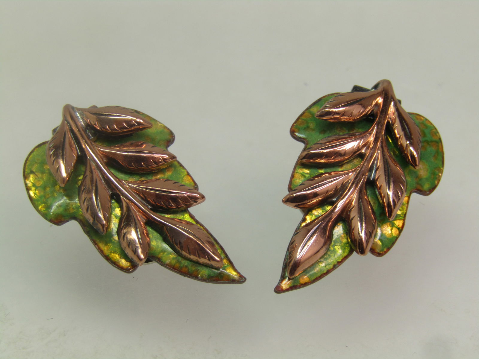 Vintage Copper Enameled Leaf Earrings. Clip, Signed Renoir, 1950's-1960's - 2