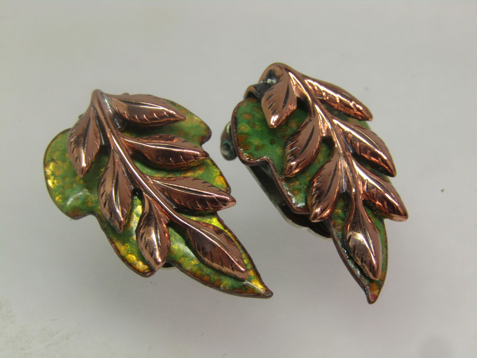 Vintage Copper Enameled Leaf Earrings. Clip, Signed Renoir, 1950's-1960's - 3