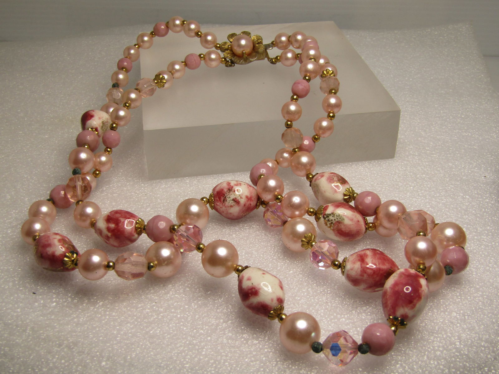 Vintage Double Strand Pink Glass, Faux Pearl Beaded Necklace, 20", 1960's (1 of 7)