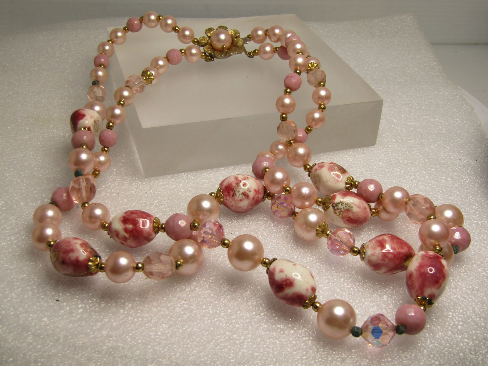 Vintage Double Strand Pink Glass, Faux Pearl Beaded Necklace, 20", 1960's - 2