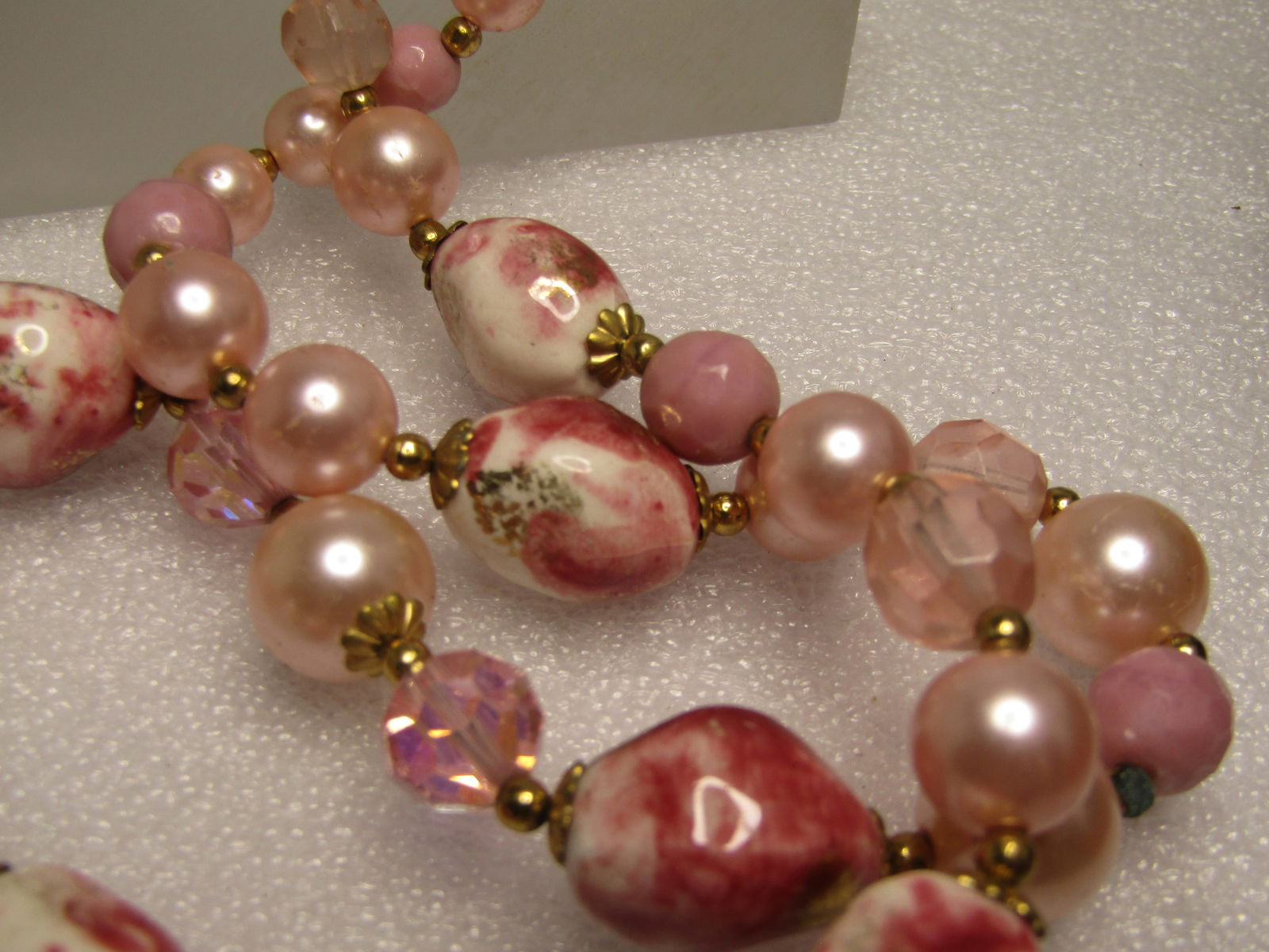 Vintage Double Strand Pink Glass, Faux Pearl Beaded Necklace, 20", 1960's - 3