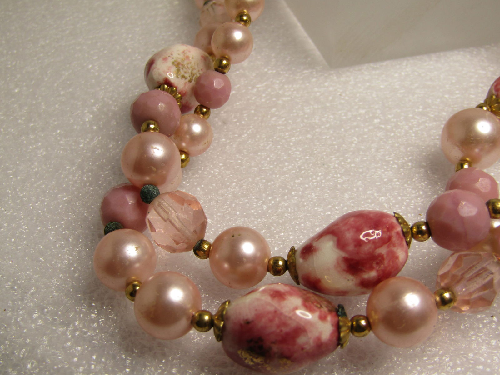 Vintage Double Strand Pink Glass, Faux Pearl Beaded Necklace, 20", 1960's - 5