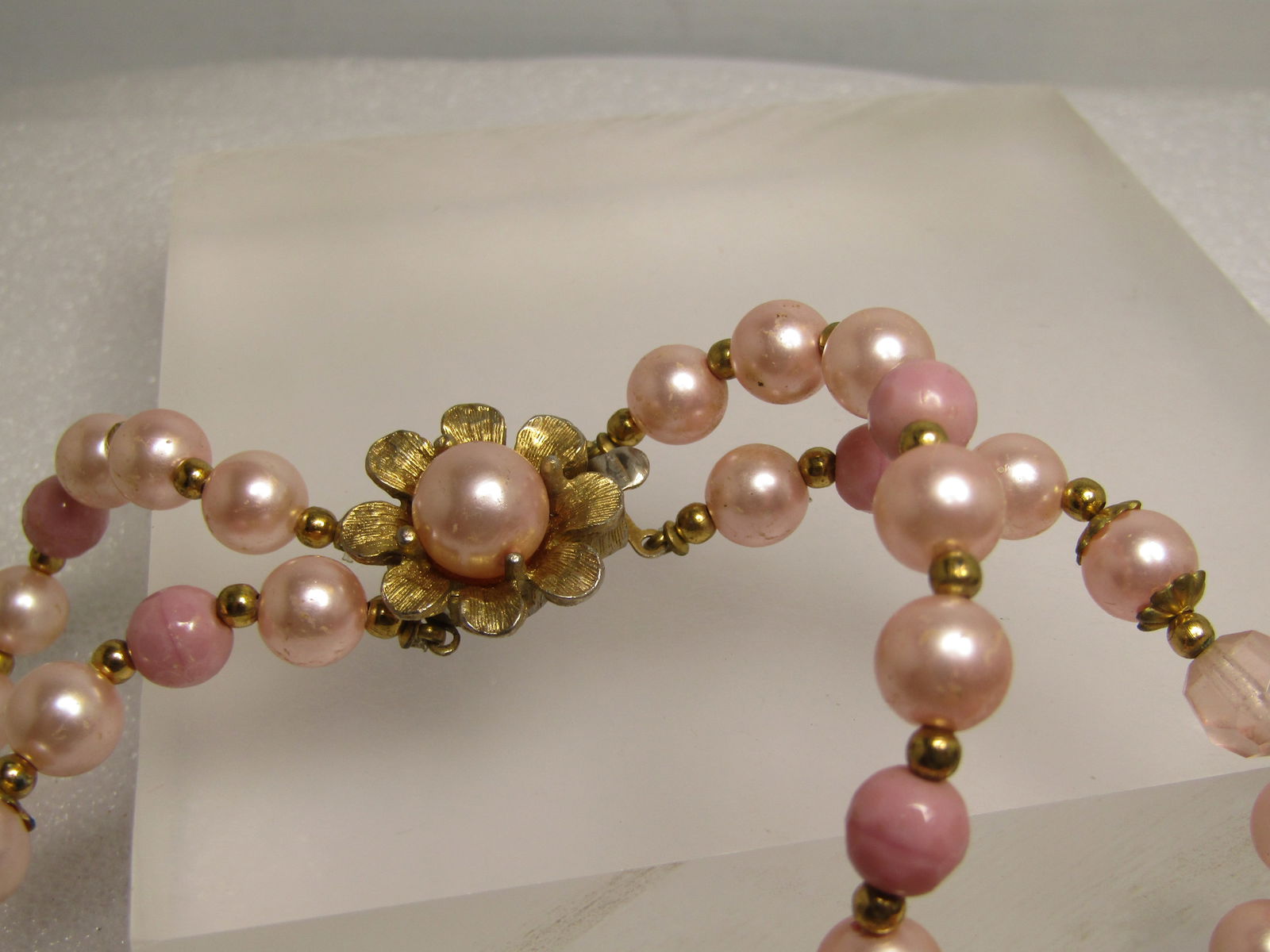 Vintage Double Strand Pink Glass, Faux Pearl Beaded Necklace, 20", 1960's - 6