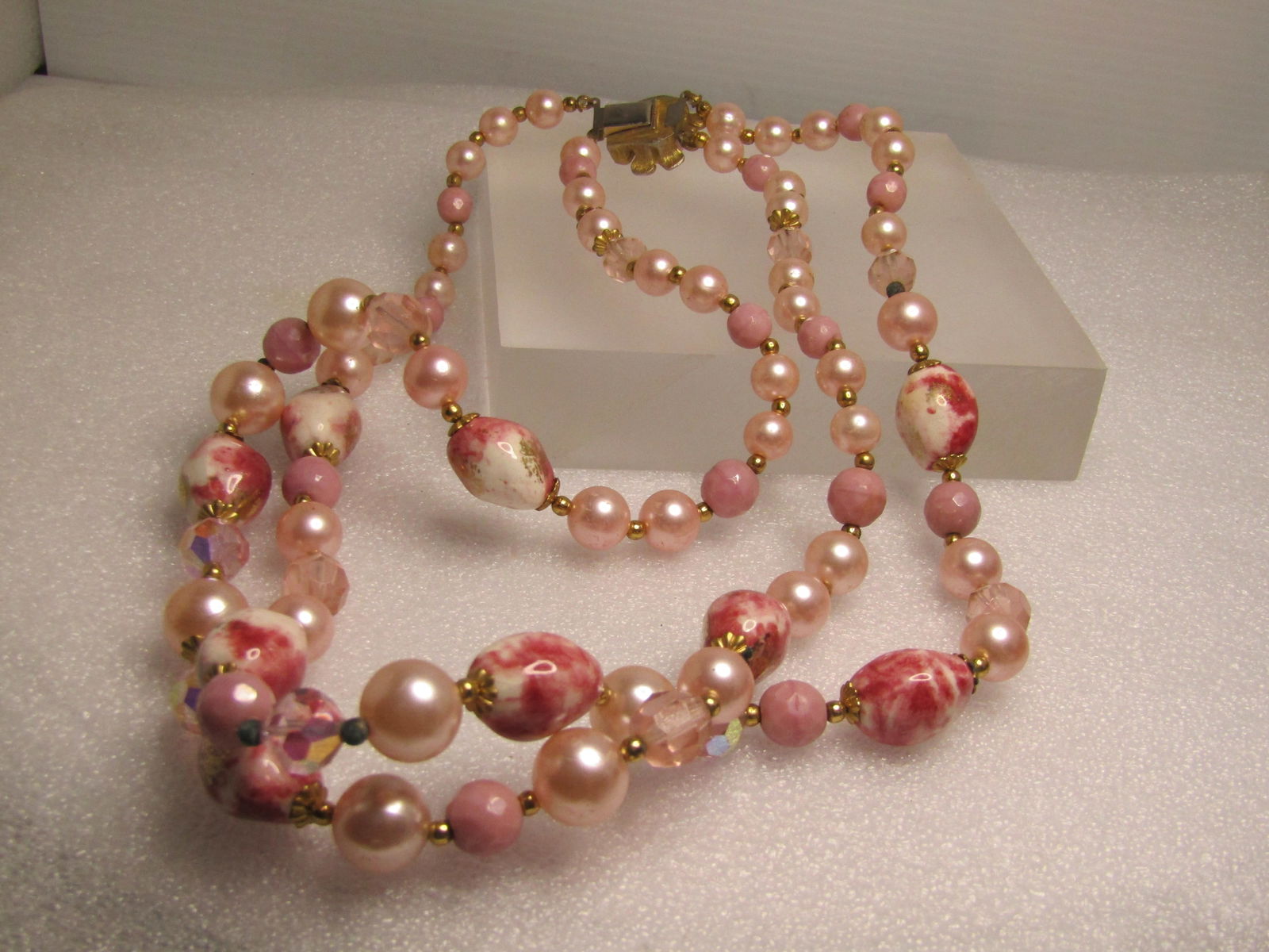 Vintage Double Strand Pink Glass, Faux Pearl Beaded Necklace, 20", 1960's - 7