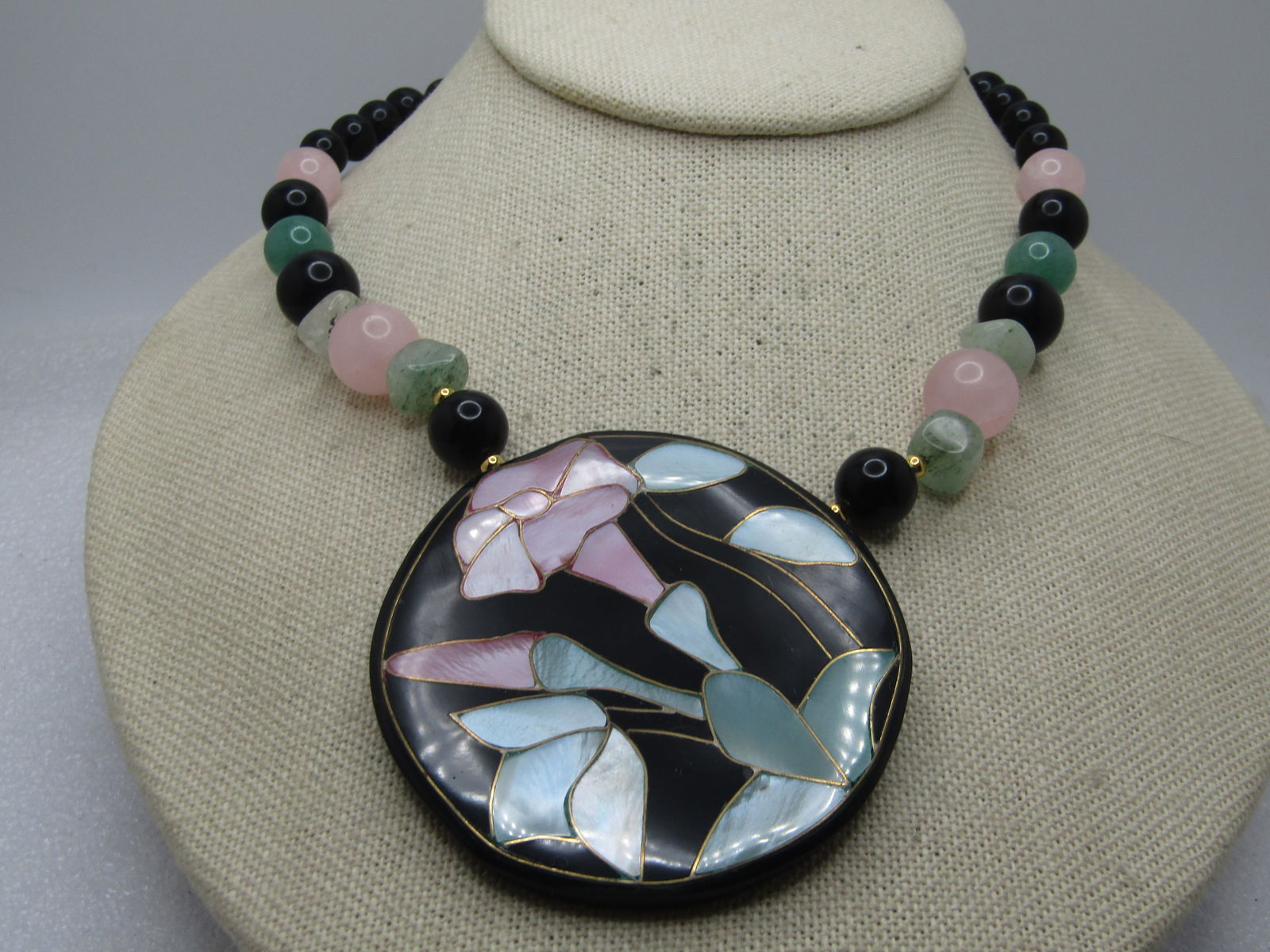 Vintage Inlaid Floral Necklace, Mother-of-Pearl, Quartz, Onyx, Jade - Lee Sands. 21", 1970's-1990's, - 2
