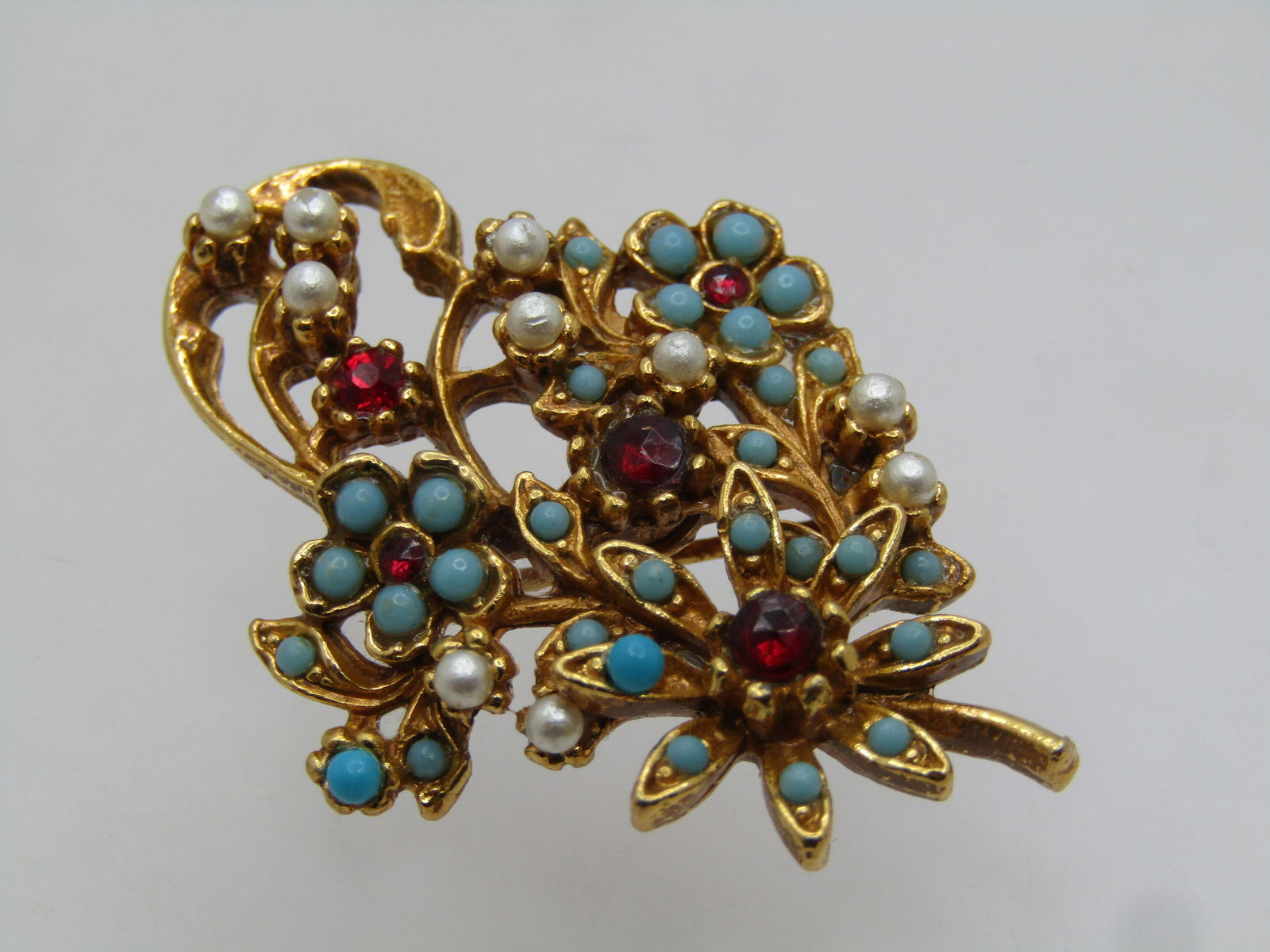 Vintage Faux Turquoise & Rhinestone Floral Stem Brooch, 1950's-1960's - 2