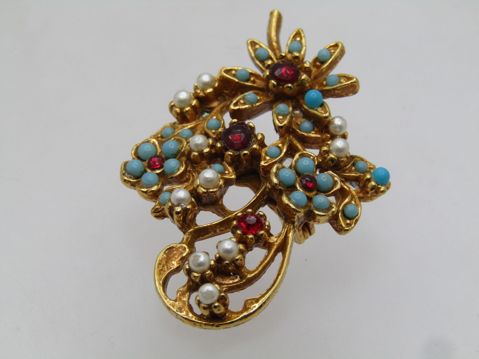 Vintage Faux Turquoise & Rhinestone Floral Stem Brooch, 1950's-1960's - 3