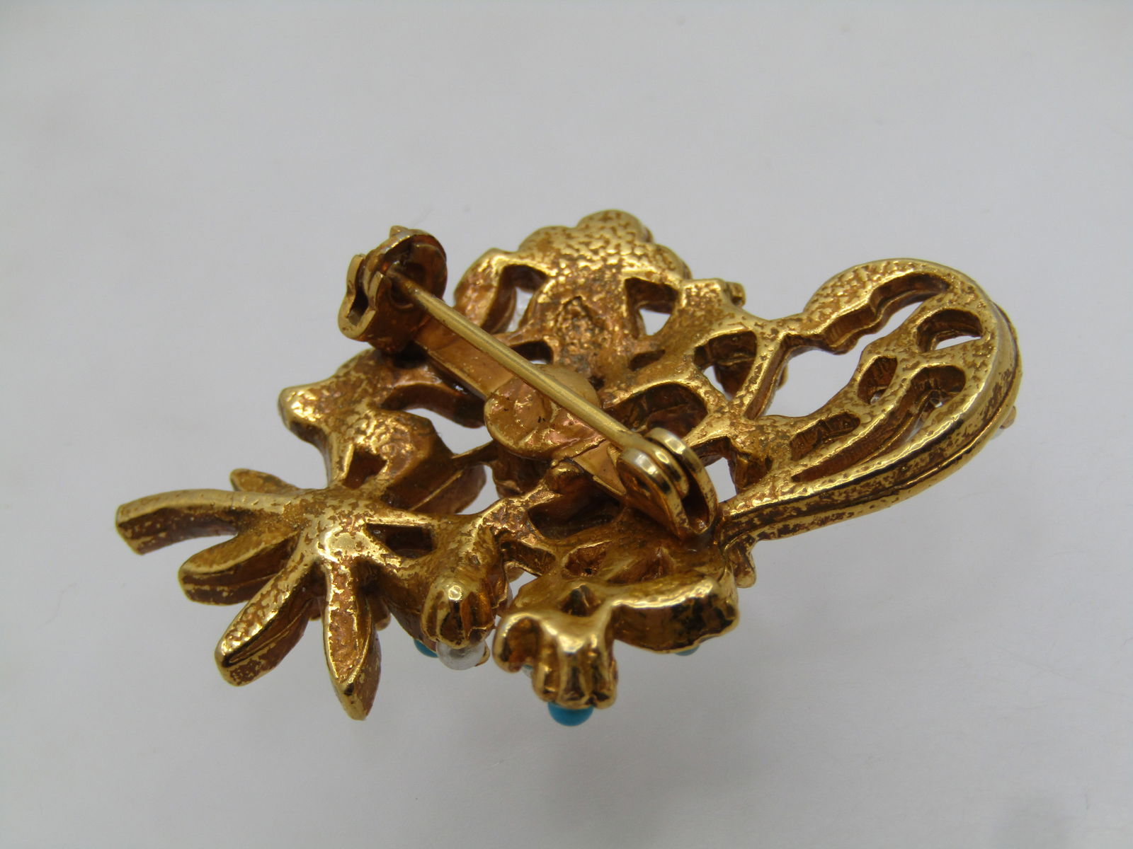 Vintage Faux Turquoise & Rhinestone Floral Stem Brooch, 1950's-1960's - 5
