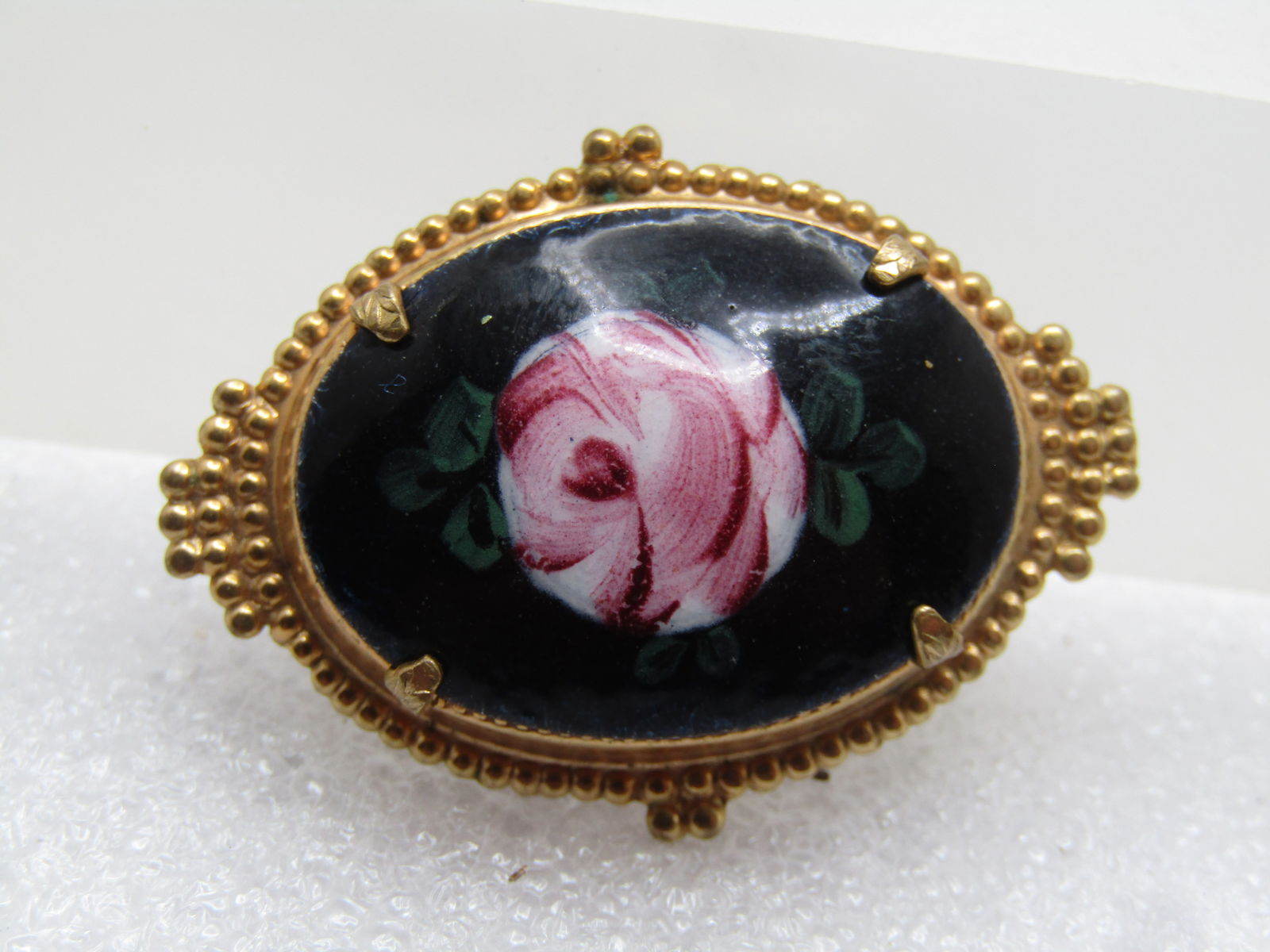 Vintage Rose Painted Black Glass Cameo Style Brooch, 1950's-1960's - 4