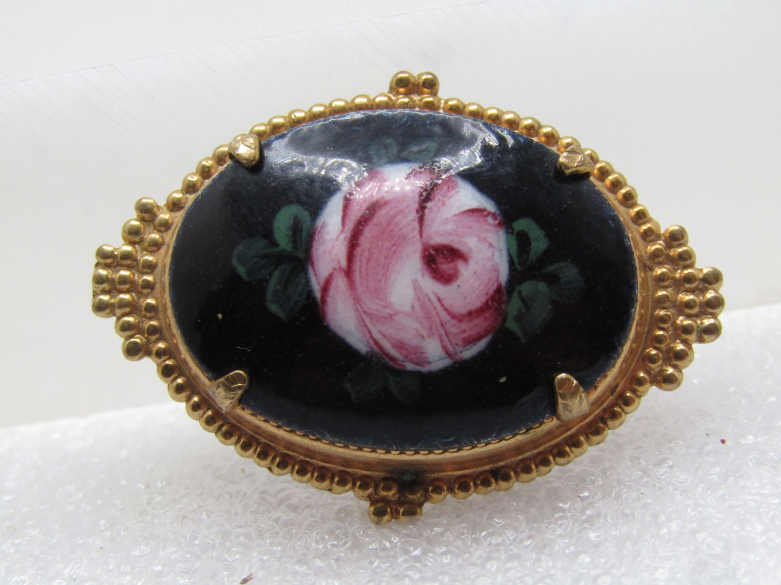 Vintage Rose Painted Black Glass Cameo Style Brooch, 1950's-1960's - 5