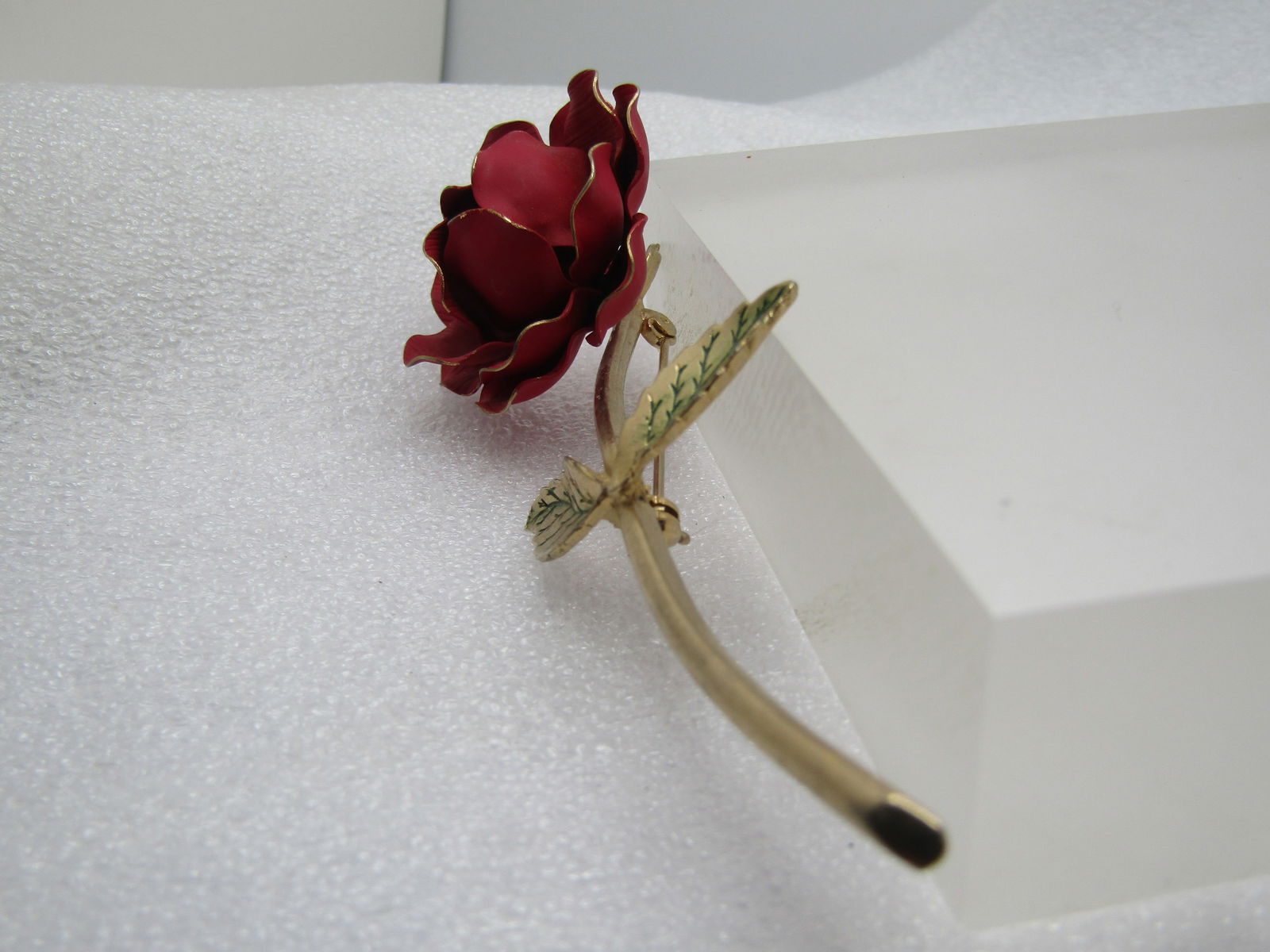 Vintage Red Enameled Long Rose Brooch, 1960's, 4.5" - 2