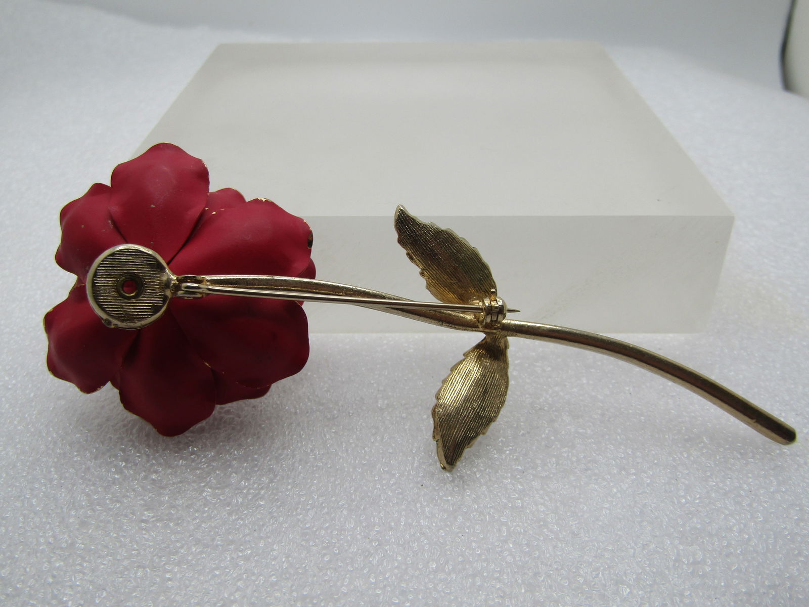 Vintage Red Enameled Long Rose Brooch, 1960's, 4.5" - 4
