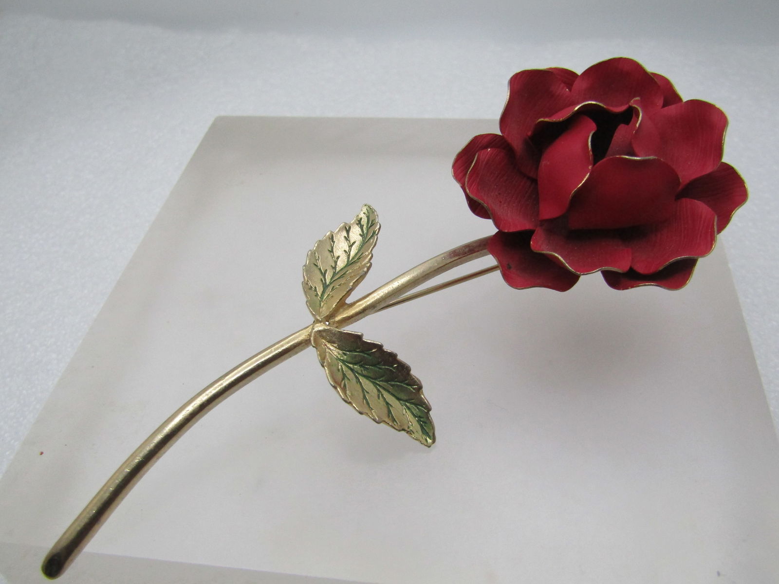 Vintage Red Enameled Long Rose Brooch, 1960's, 4.5" - 5
