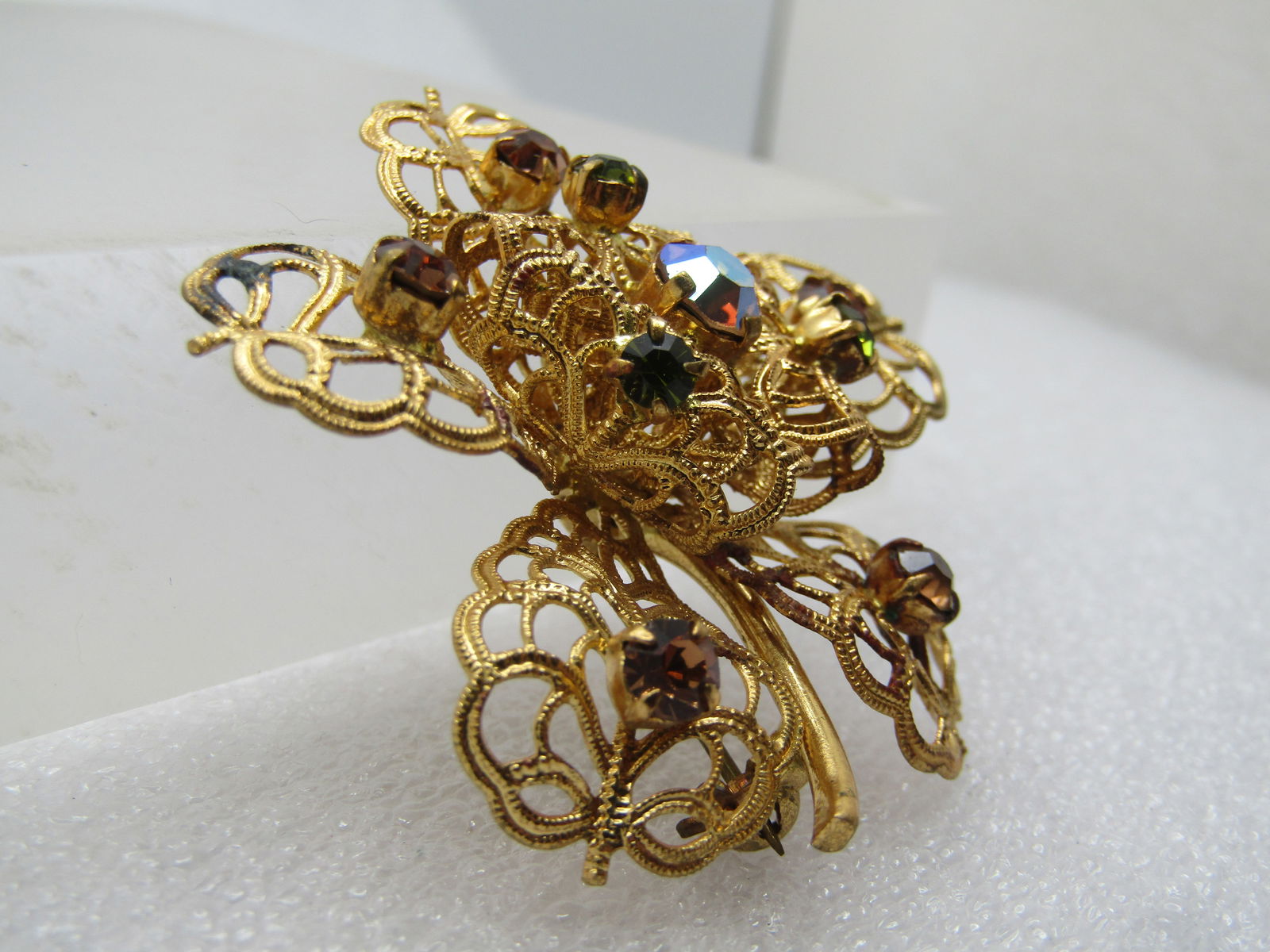 Vintage AB Rhinestone Floral Brooch, Filigree, 1960's-1970's - 3