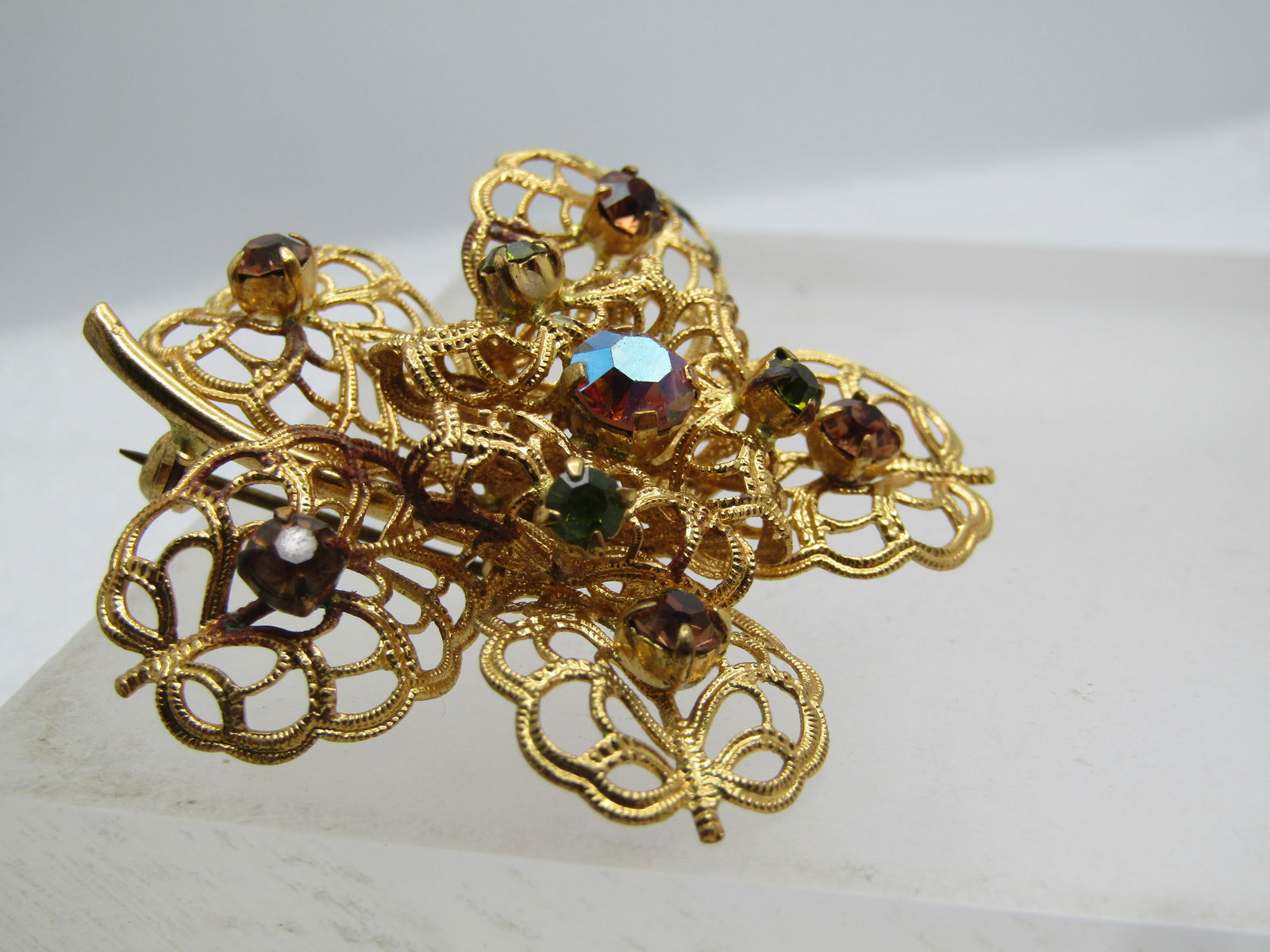Vintage AB Rhinestone Floral Brooch, Filigree, 1960's-1970's - 5
