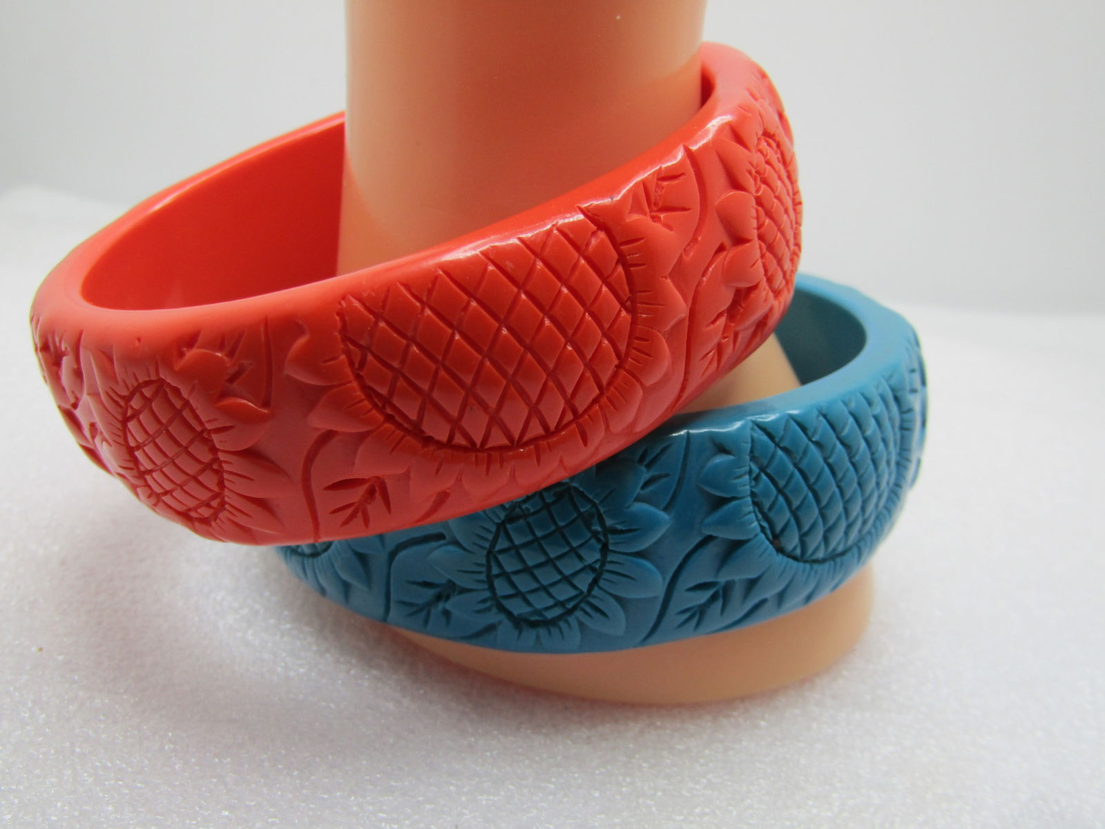 Vintage Lucite Floral Bangle Bracelets, Pair, 8.25", Turquoise Blue/Orange, 1960's-1970's - 3
