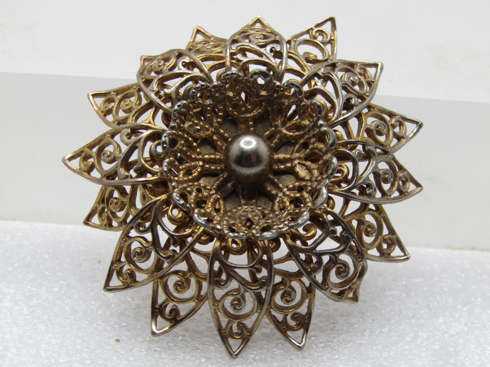 Vintage Floral and AB Rhinestone Drop Brooch, 1928 NOC: Vintage Floral and AB Rhinestone Drop Brooch, 1928 NOC. Vintage new stock on the original card. It has a white mother-of-pearlish blossom with tan faux pearls on the ends and clear rhinestone A