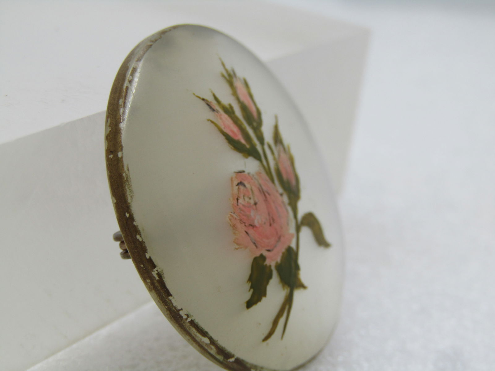 Vintage Faux MOP Rose Painted Brooch, 1940's-1950's - 3