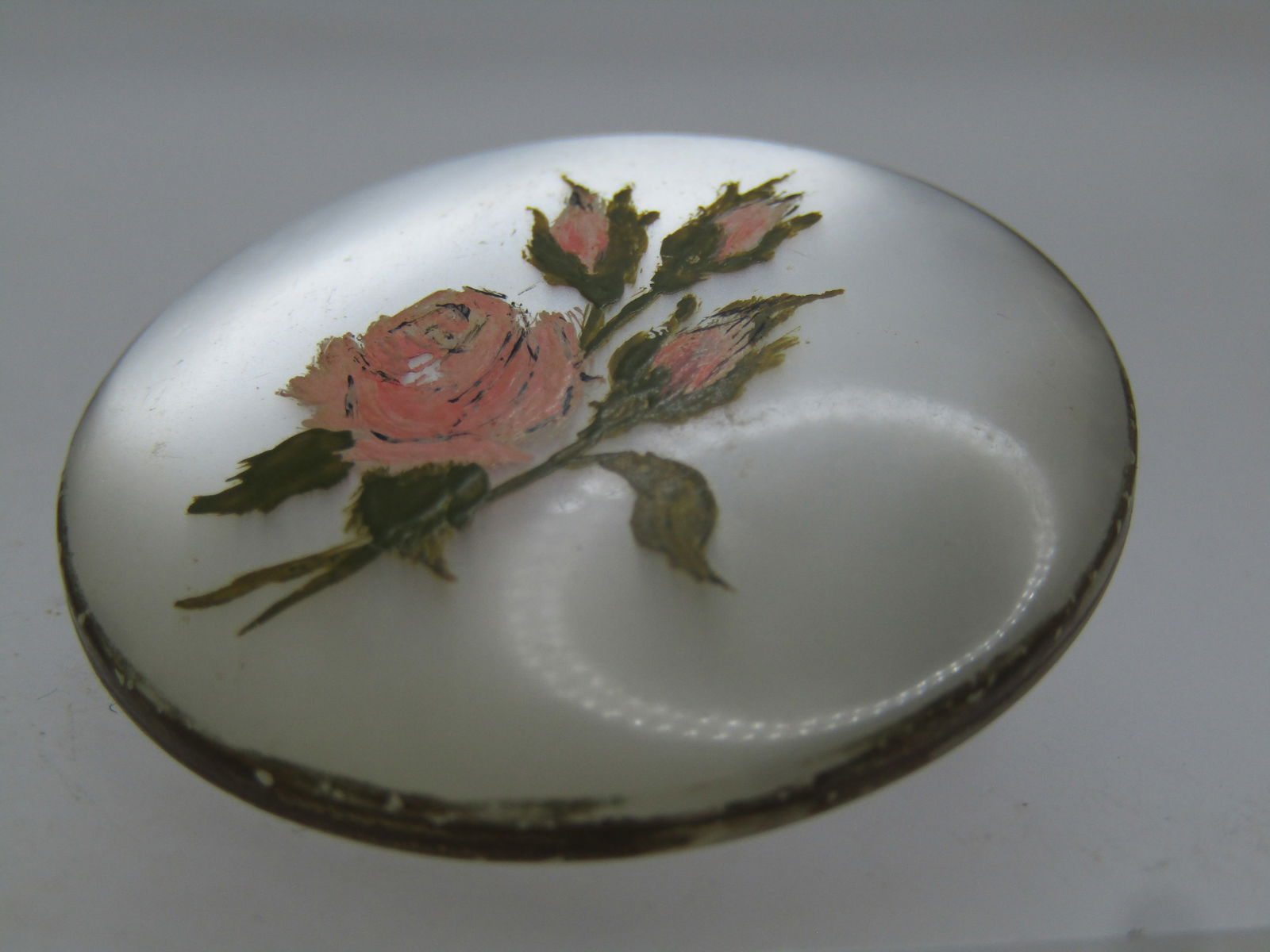 Vintage Faux MOP Rose Painted Brooch, 1940's-1950's - 5
