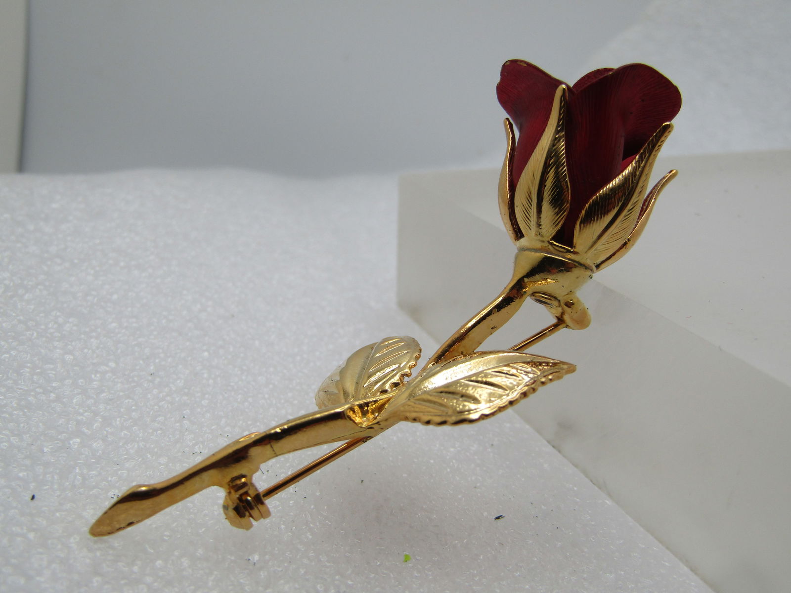 Vintage Red Long Stem Rose Brooch, 1960's-1970's, Signed - 2