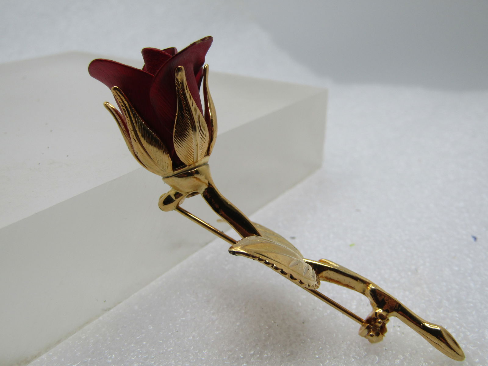 Vintage Red Long Stem Rose Brooch, 1960's-1970's, Signed - 3
