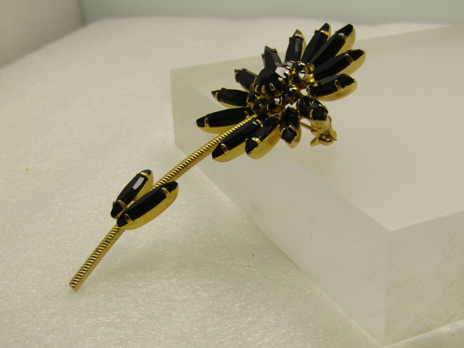 Vintage Rhinestone Floral Stem Brooch, Black Glass, 1960's - 2
