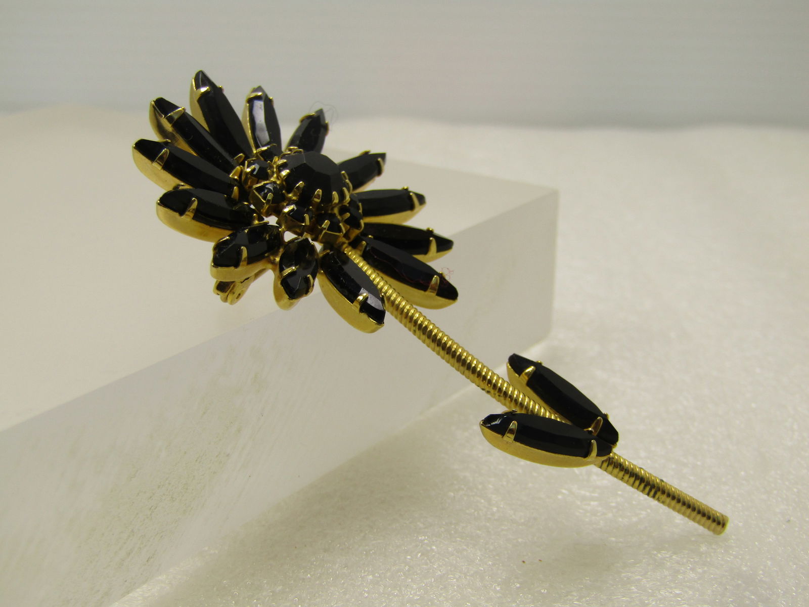 Vintage Rhinestone Floral Stem Brooch, Black Glass, 1960's - 3