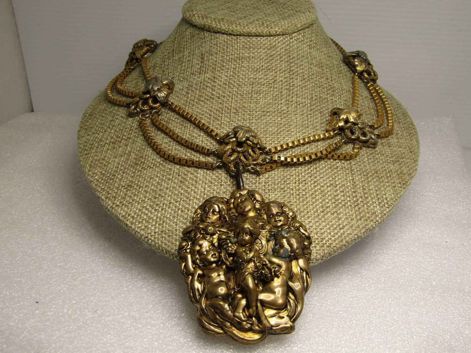 Vintage Triple Strand Cherub Pendant & Grape Cluster Necklace, Retro Perid, 1930's-1940's, 16" - 2