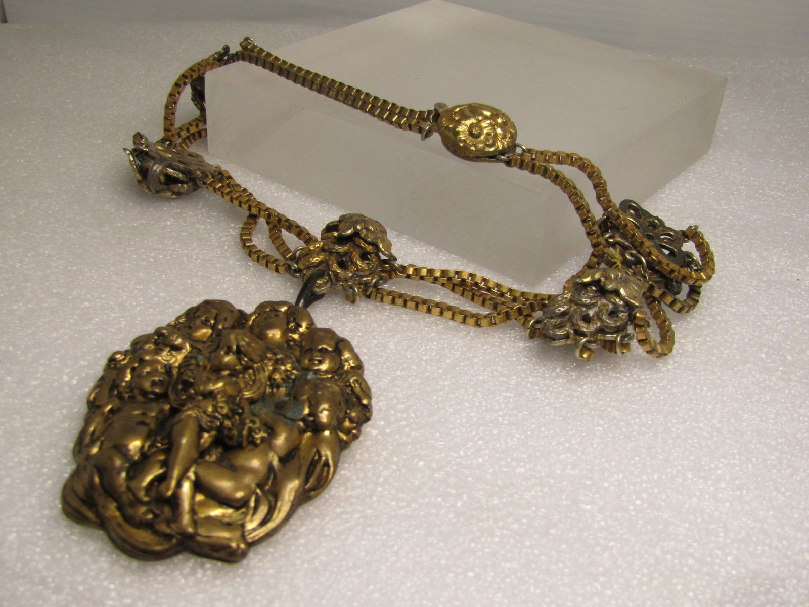 Vintage Triple Strand Cherub Pendant & Grape Cluster Necklace, Retro Perid, 1930's-1940's, 16" - 7