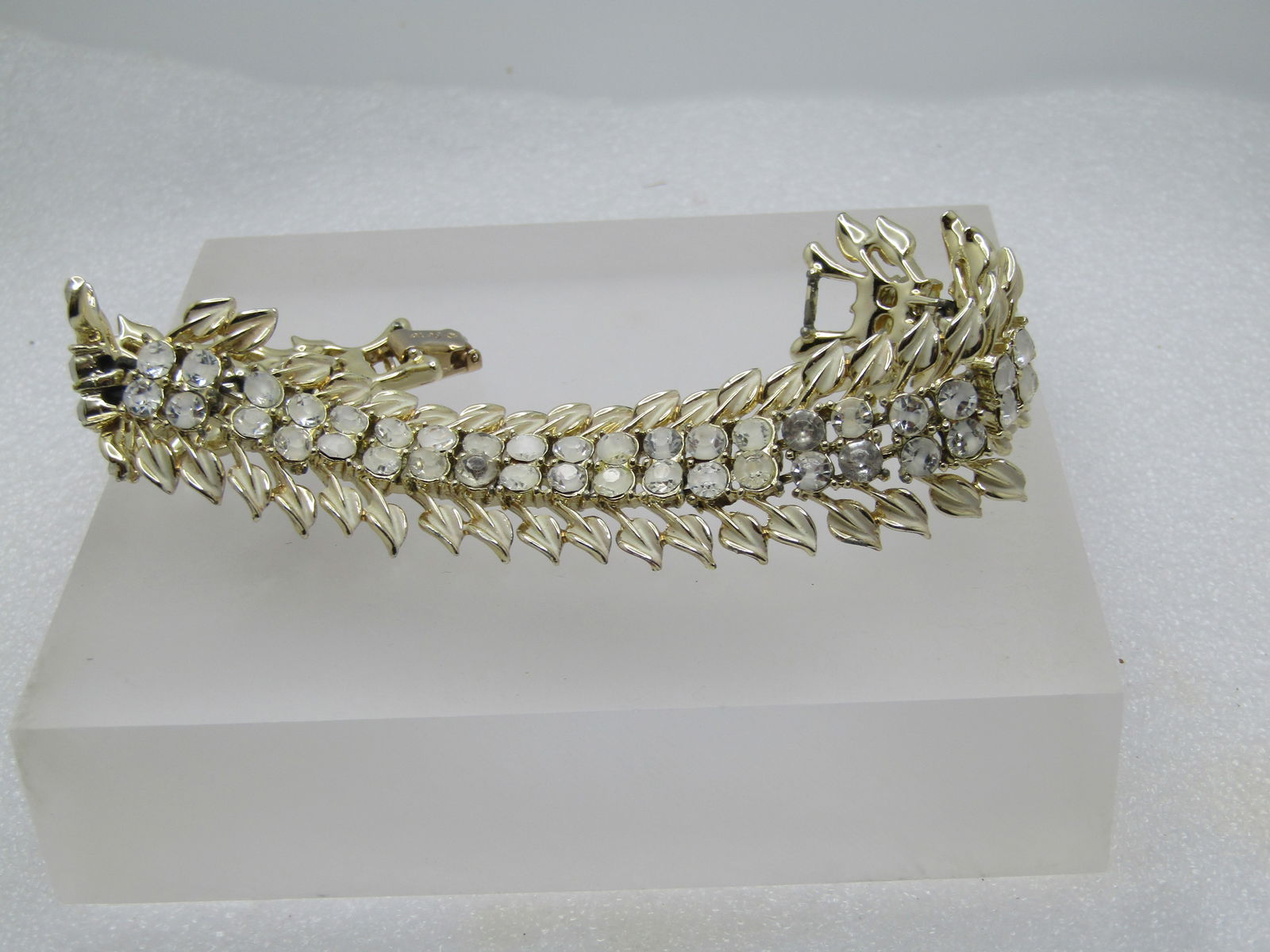 Vintage Coro White Rhinestone & Leaf Bracelet, 7.25", 1950's-1960's - 2