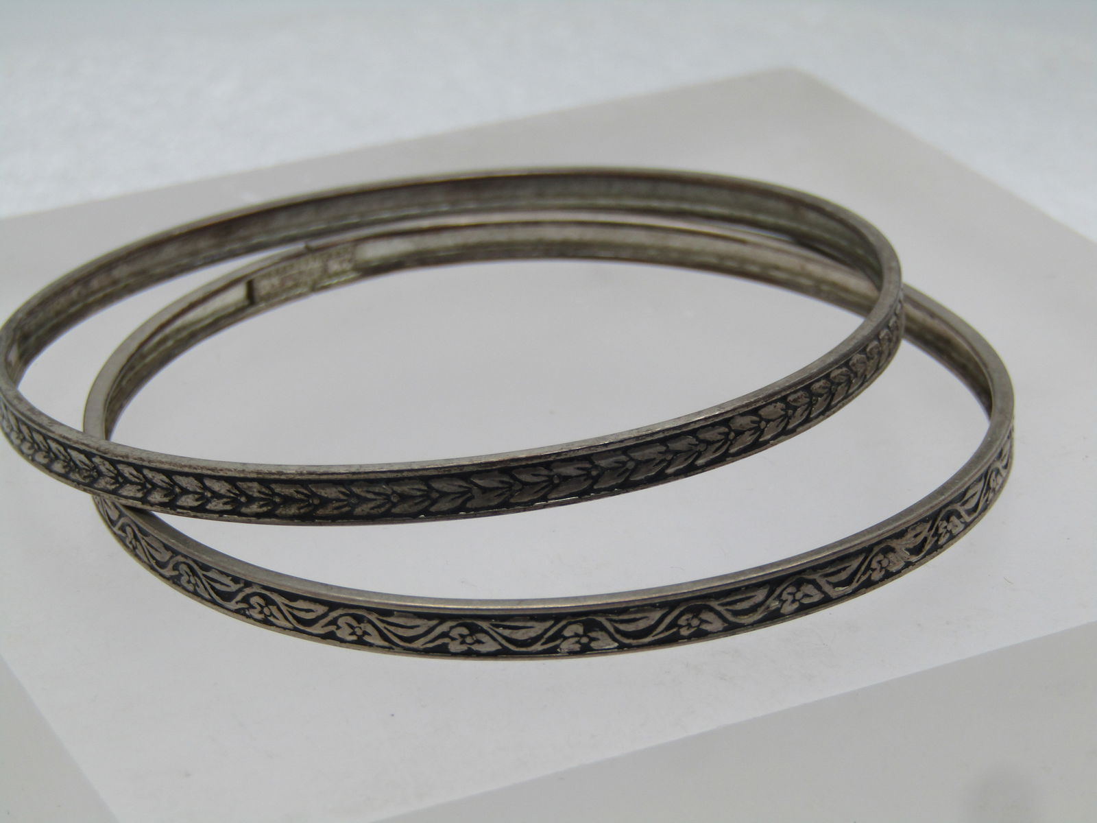 Vintage Sterling Pair Bangle Bracelets, 7.75" Floral Scrolled, 1940's-1950's - 2