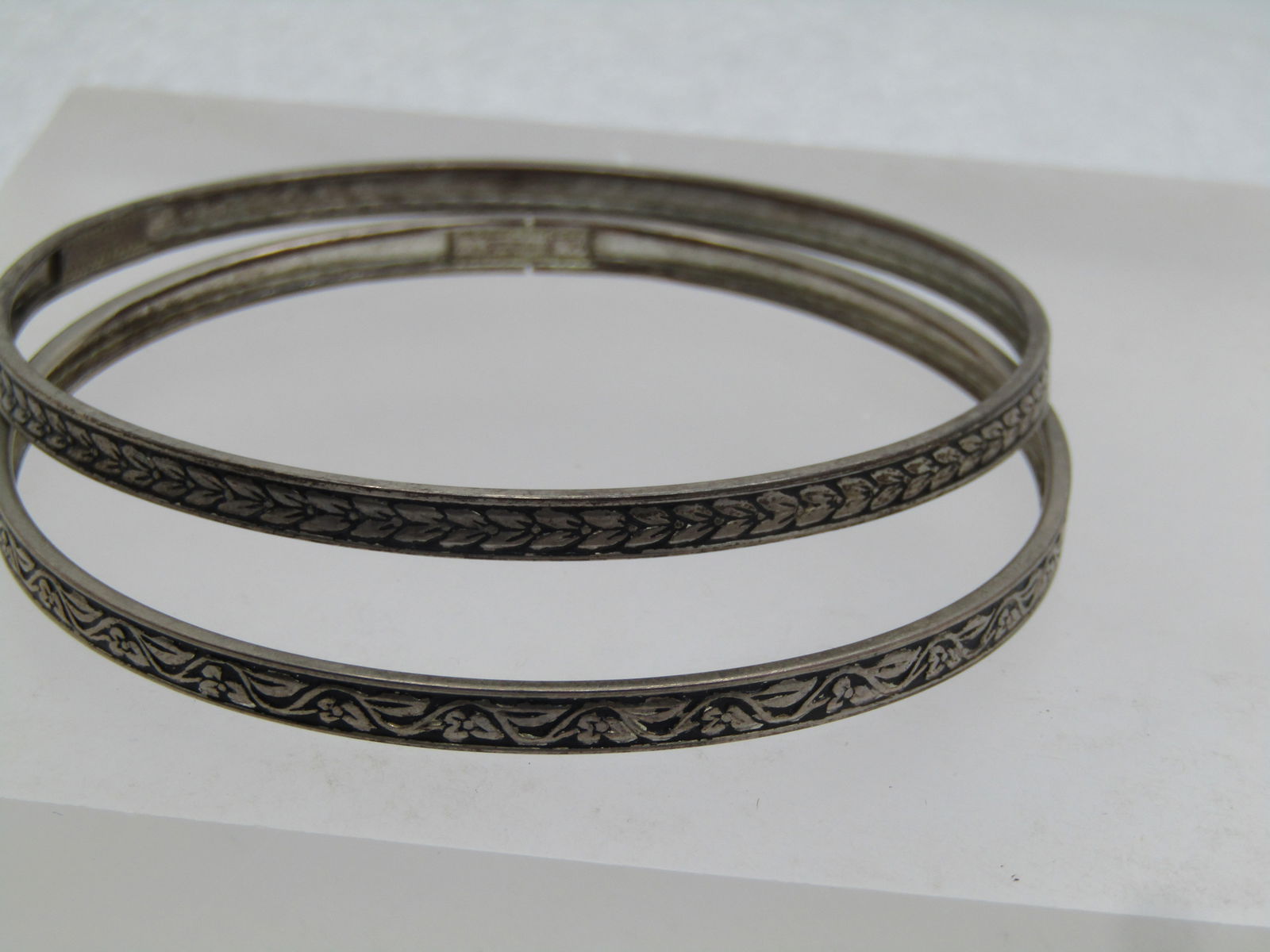 Vintage Sterling Pair Bangle Bracelets, 7.75" Floral Scrolled, 1940's-1950's - 3