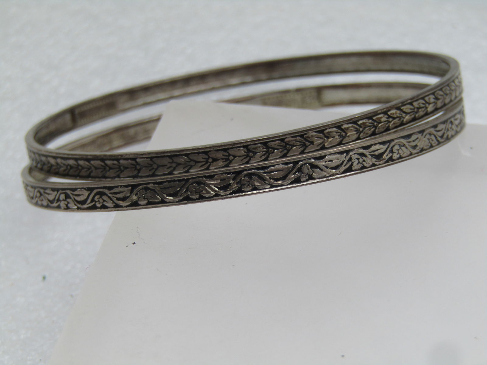 Vintage Sterling Pair Bangle Bracelets, 7.75" Floral Scrolled, 1940's-1950's - 5
