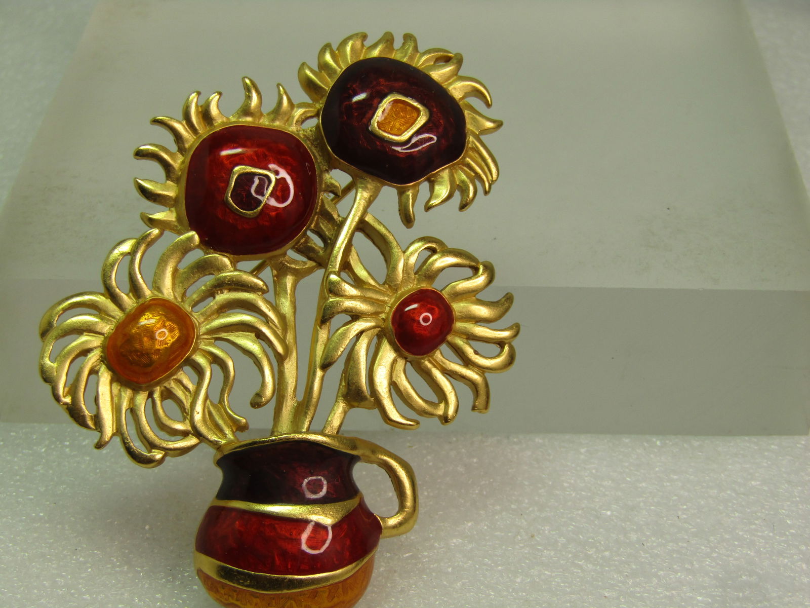 Vintage Enameled Floral Sunflower Brooch, Yves Saint Laurent for Avon, - honoring Van Gogh's - 3