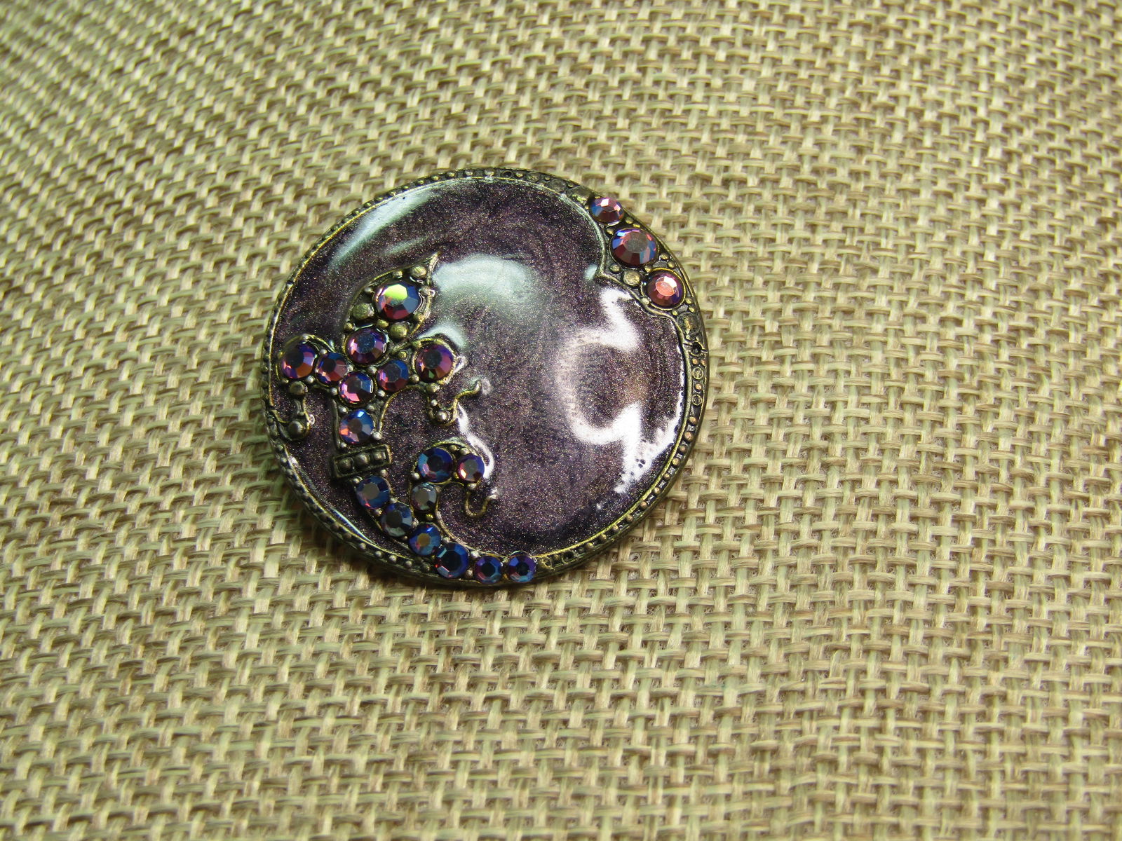 Vintage Purple Pearly Enameled Brooch, AB. Rhinestones, 1980's, Signed AKD: Vintage Purple Pearly Enameled Brooch, AB. Rhinestones, 1980's, Signed AKD which is Anne Koplik Designs since appx. 1981. She has always been a fan of antique jewelry and fashions her pieces in that s