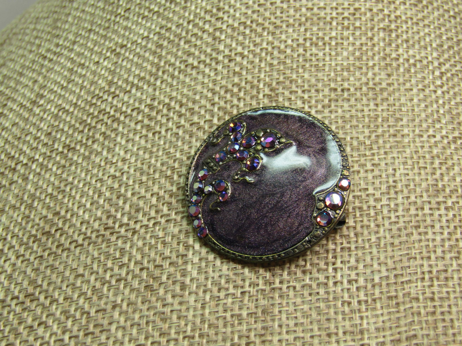 Vintage Purple Pearly Enameled Brooch, AB. Rhinestones, 1980's, Signed AKD - 2