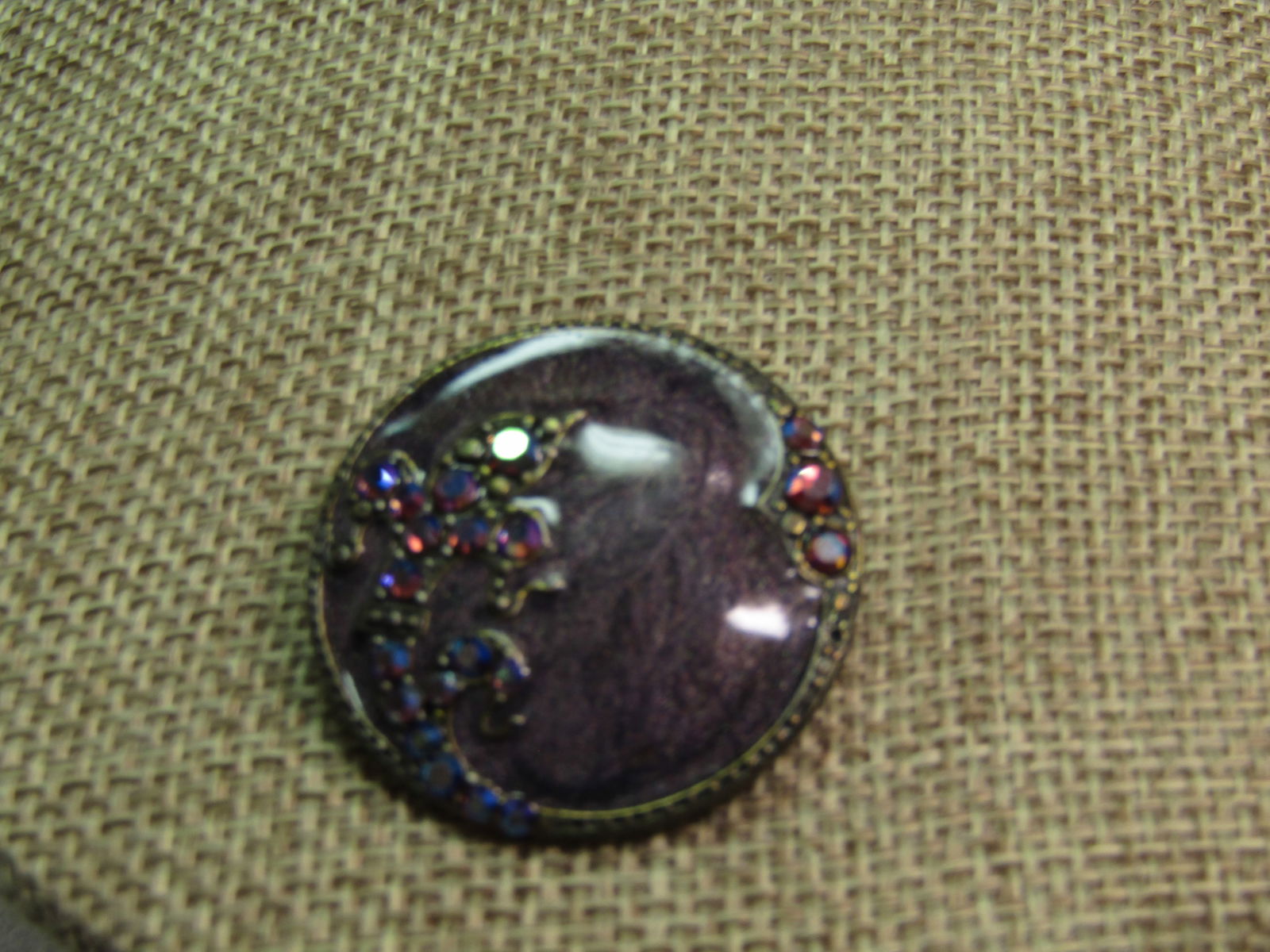 Vintage Purple Pearly Enameled Brooch, AB. Rhinestones, 1980's, Signed AKD - 3