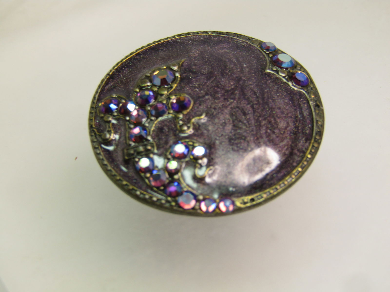 Vintage Purple Pearly Enameled Brooch, AB. Rhinestones, 1980's, Signed AKD - 5