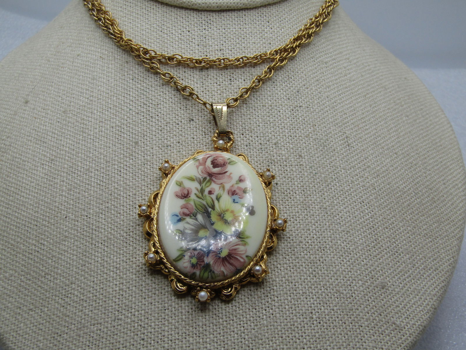 Vintage Floral Cameo Faux Pearl Necklace, 24" , Signed Denise, 1960's-1970's: Vintage Floral Cameo Faux Pearl Necklace, 24" , Signed Denise. I've seen this listed as Pilgrim signed Denise and Danish design - this has a cameo style floral acryic cameo style center with a rope