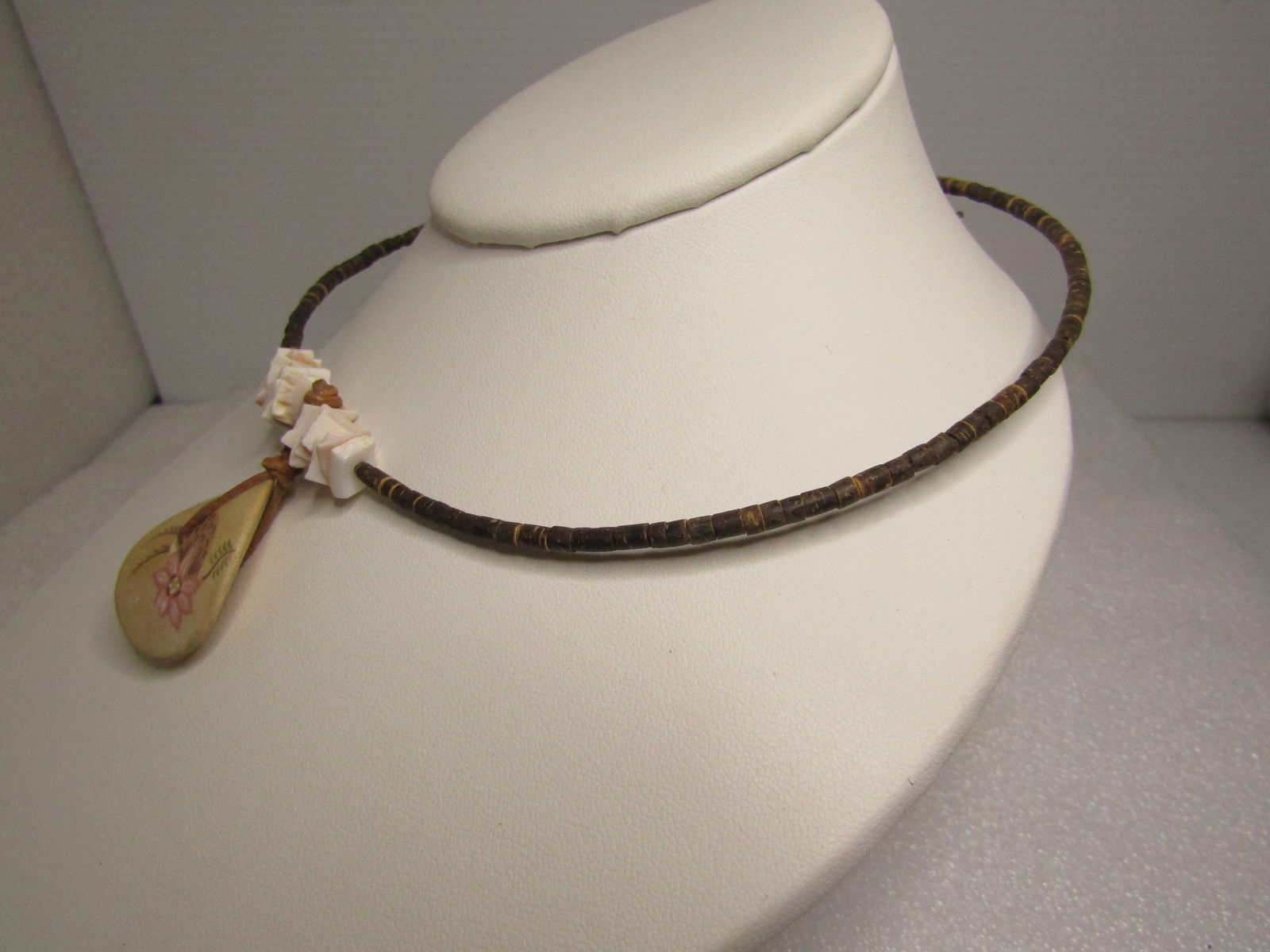 Vintage Brown Heishi Beaded Floral Pendant & SHell Necklace, 16" Coiled Collar, Post MId-Century - 2