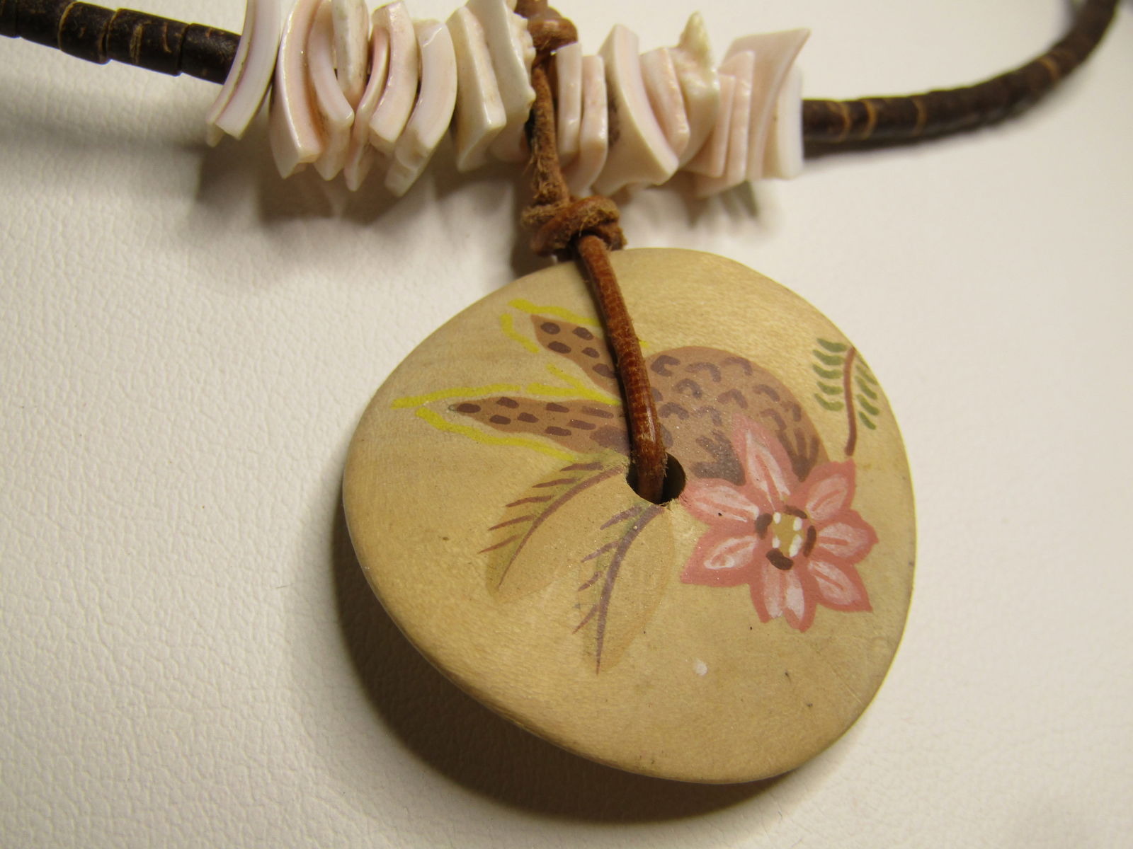 Vintage Brown Heishi Beaded Floral Pendant & SHell Necklace, 16" Coiled Collar, Post MId-Century - 4