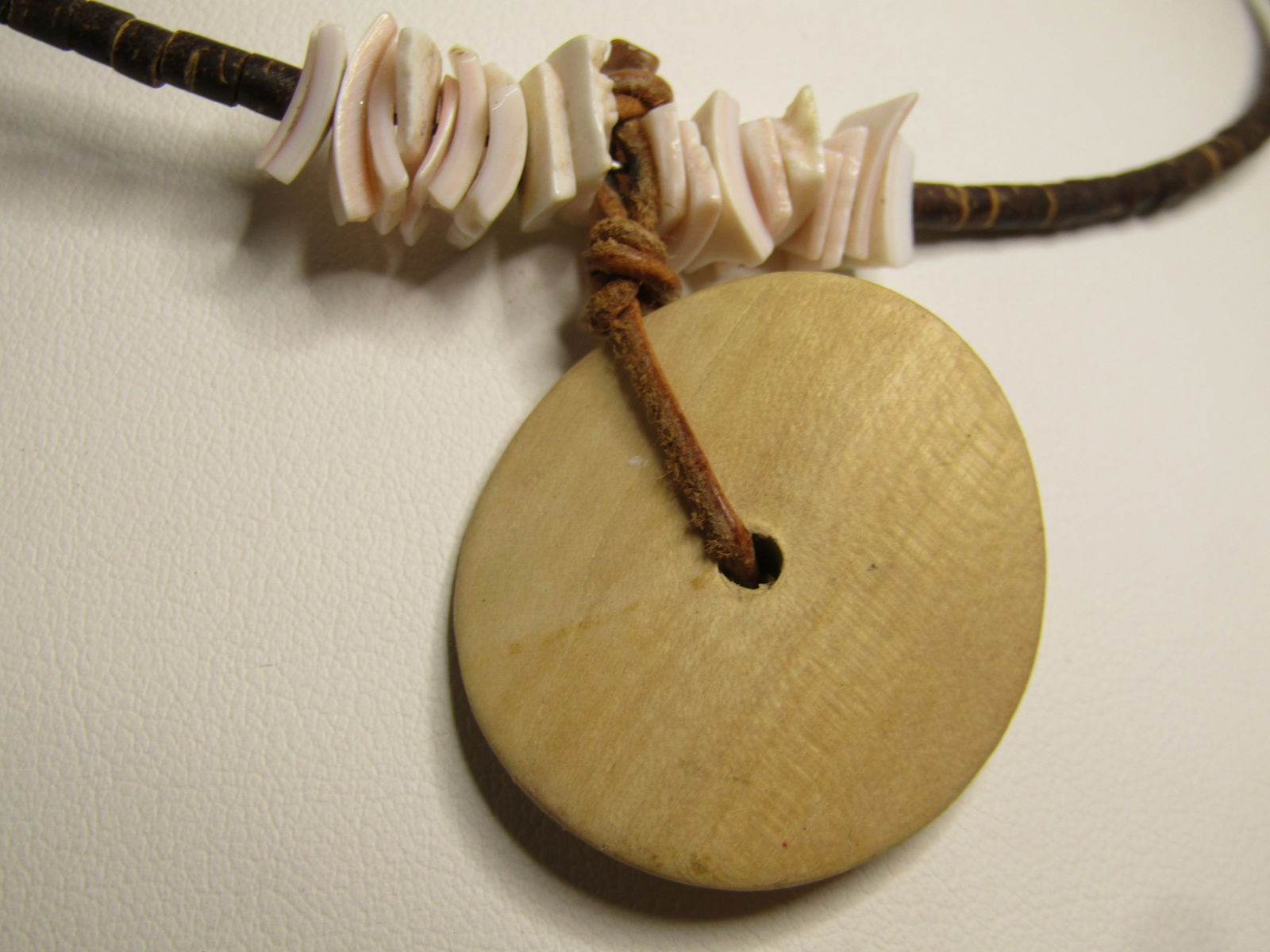 Vintage Brown Heishi Beaded Floral Pendant & SHell Necklace, 16" Coiled Collar, Post MId-Century - 5