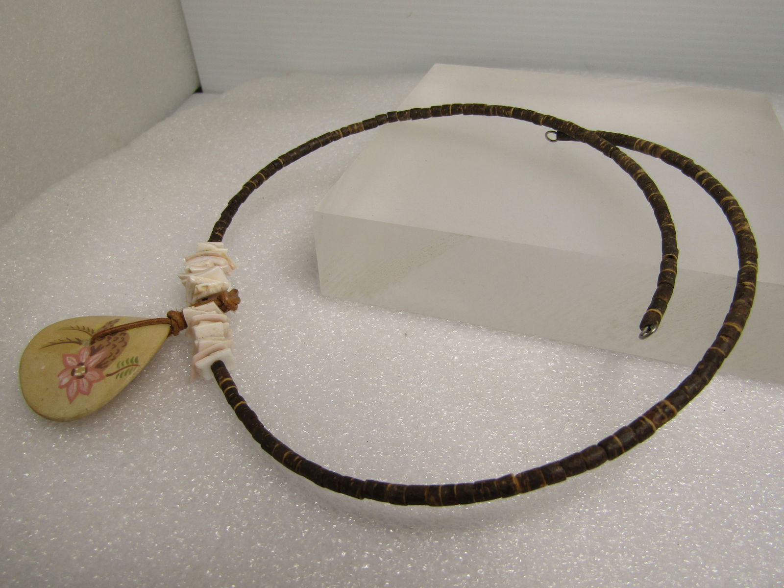 Vintage Brown Heishi Beaded Floral Pendant & SHell Necklace, 16" Coiled Collar, Post MId-Century - 6