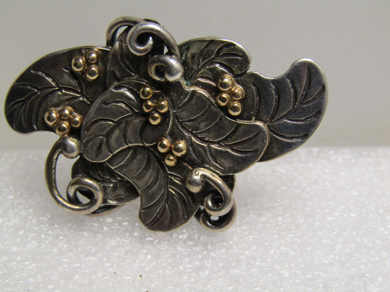 Vintage Sterling Leaf Cluster Slide Pendant, Hand Made, 1980's-1990's: Vintage Sterling Leaf Cluster Slide Pendant, Hand Made, 1980's-1990's . This is a slide pendant with six stacked leaves and coil accent on top with gold plated bead accents and silver tone bead